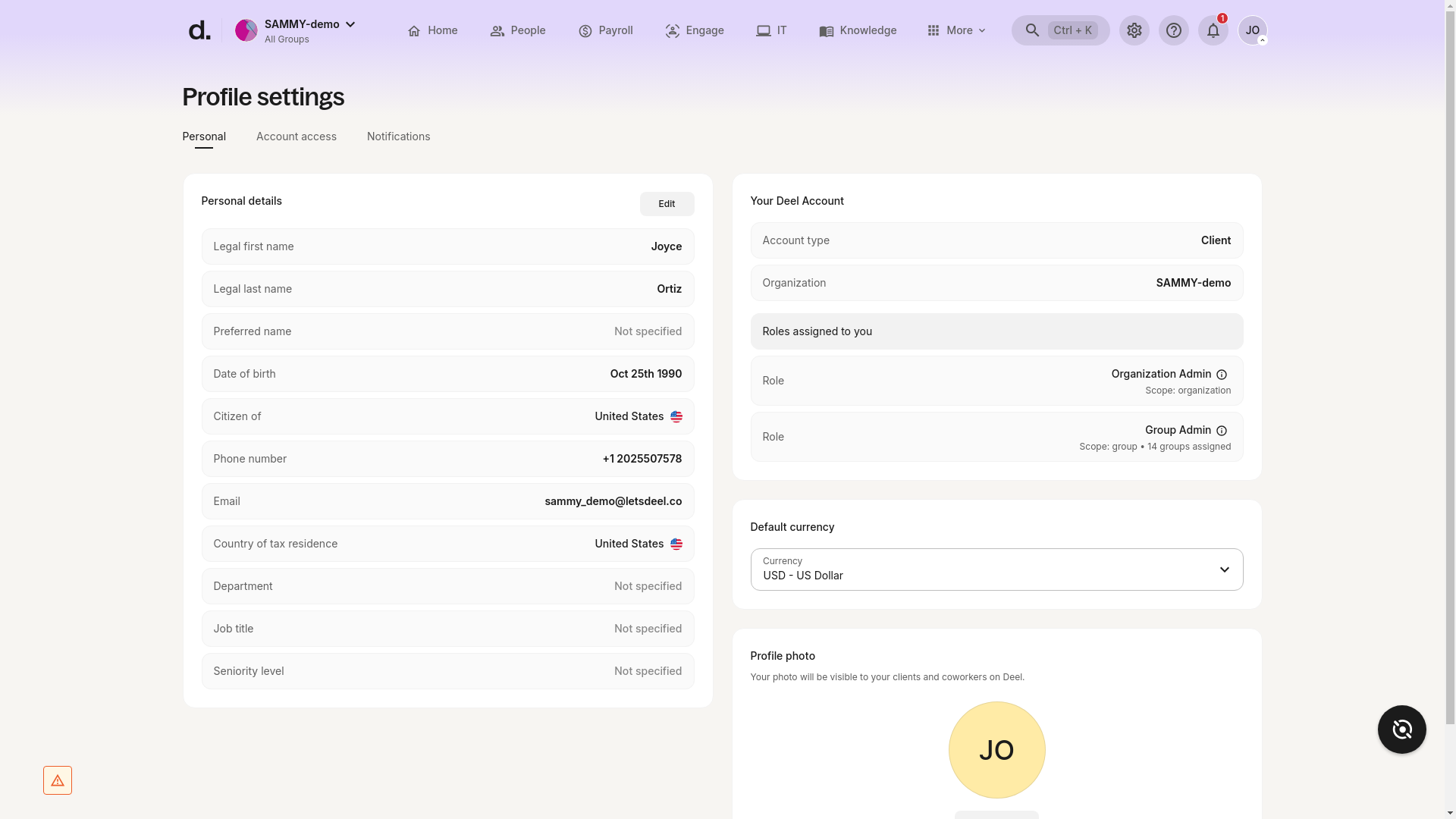 Profile settings page showing the Personal details section with the Email field visible