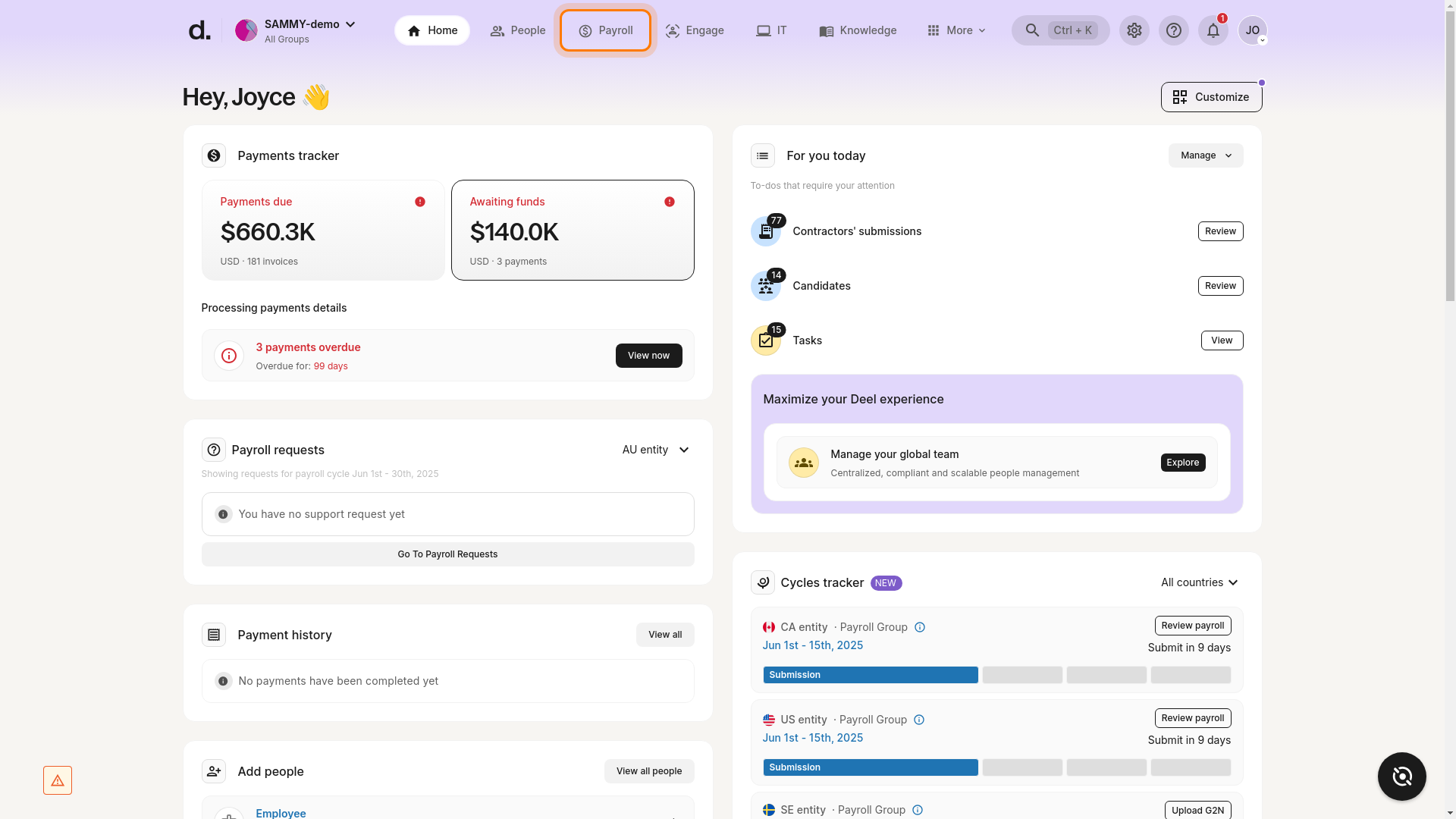 Payroll tab highlighted in the Deel dashboard