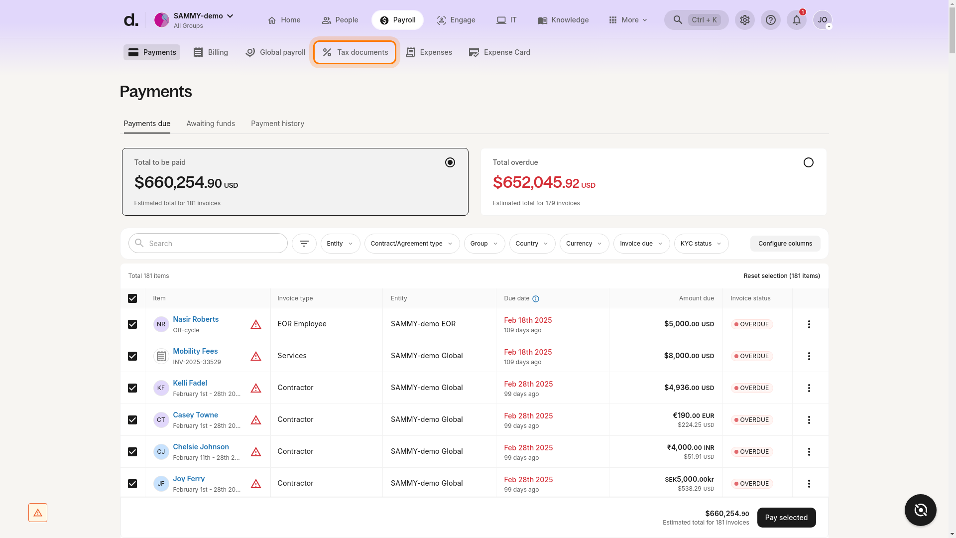 Tax documents tab highlighted in the Payroll section
