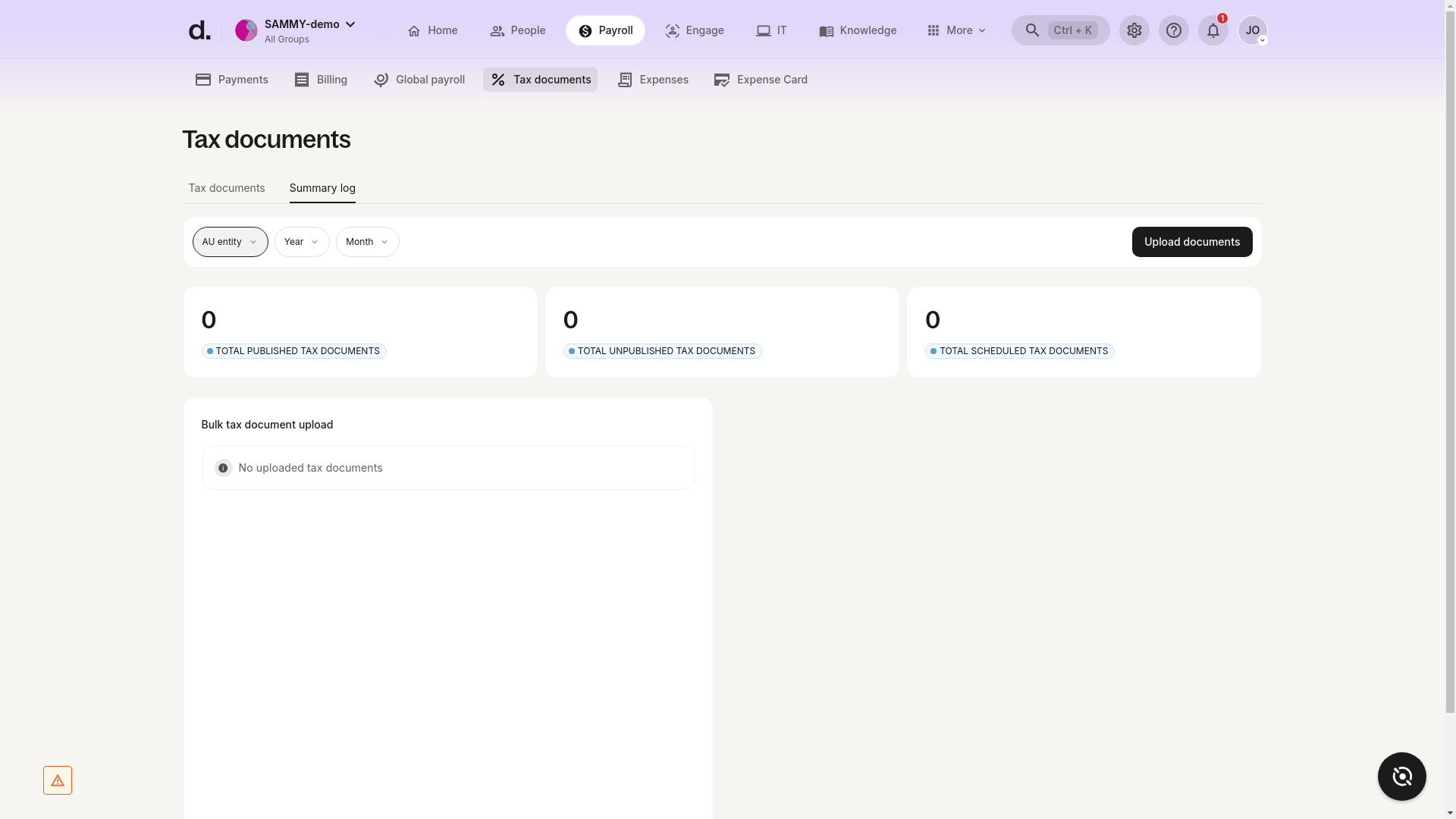Summary log tab in the Tax documents section showing no uploaded tax documents