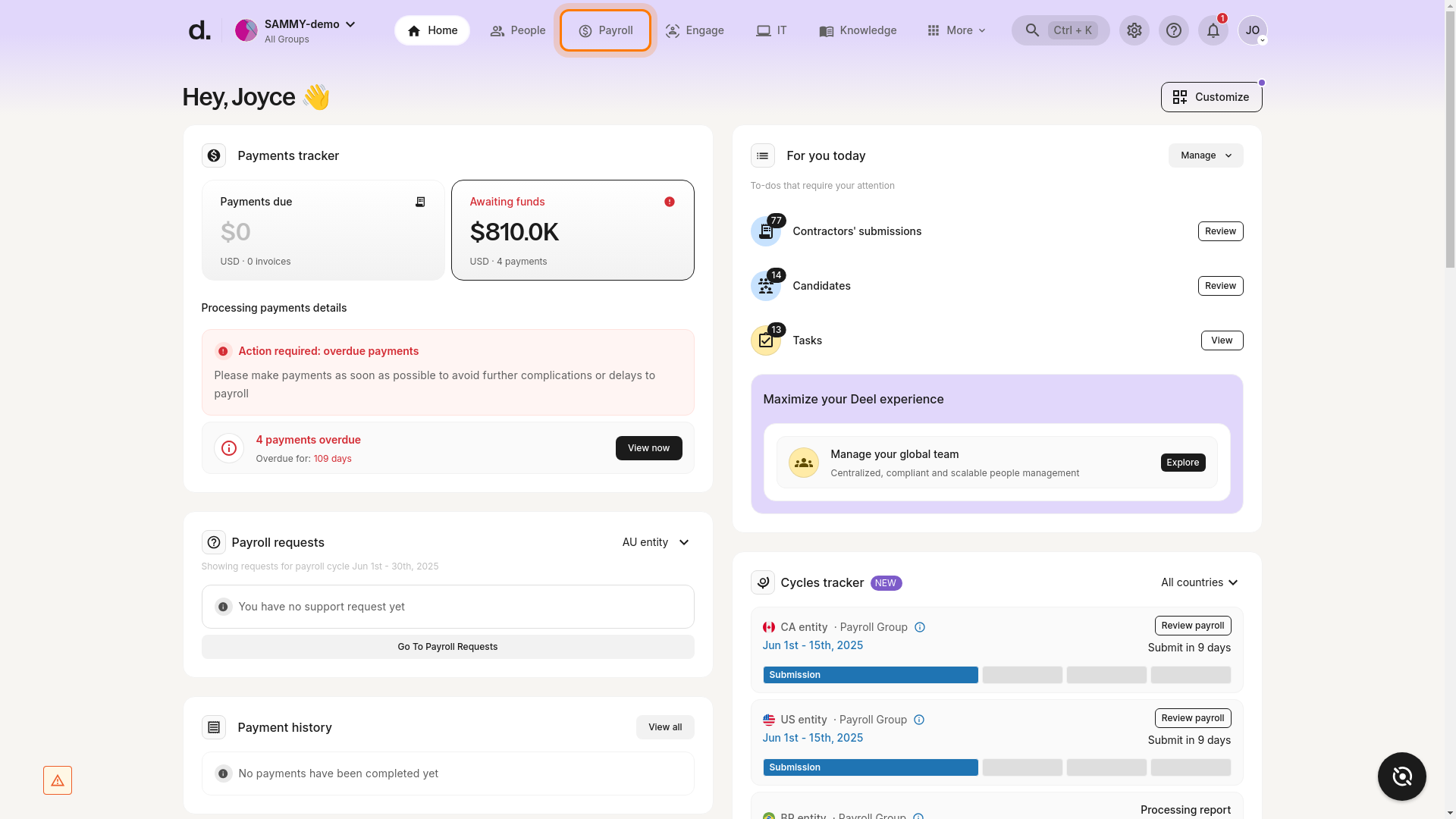Payroll tab highlighted in the Deel homepage header