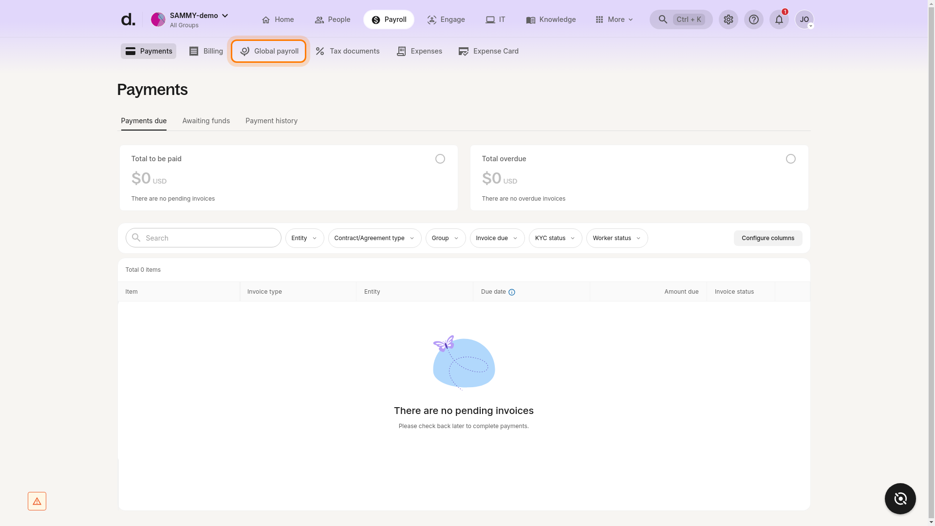 Global payroll tab highlighted in the Payroll section