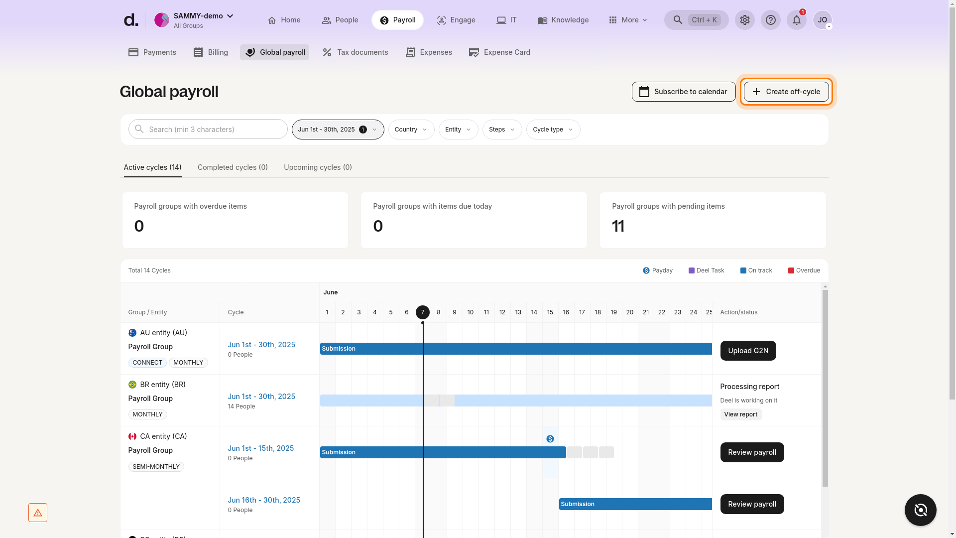Create off-cycle button highlighted on the Global Payroll dashboard