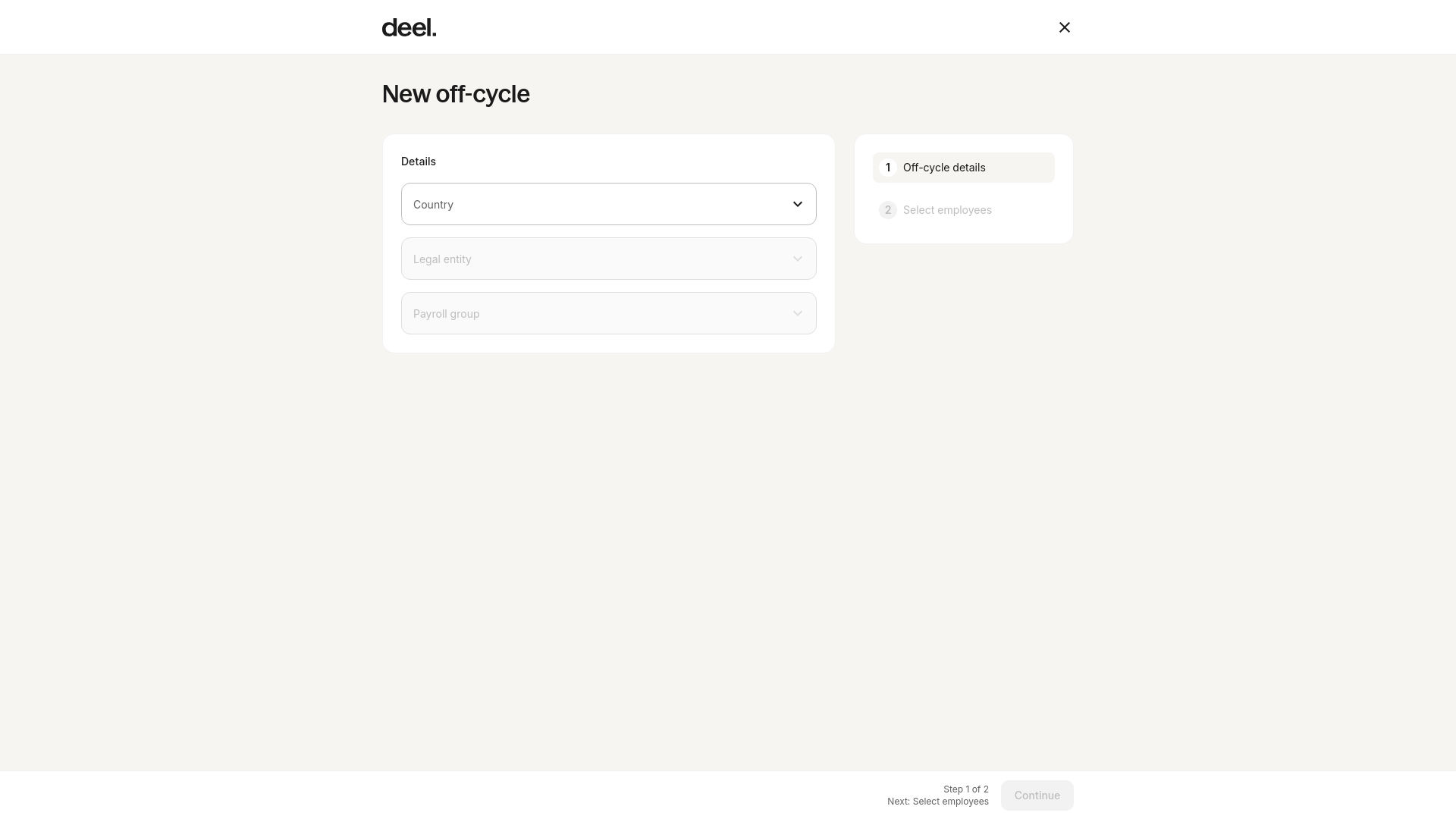 Legal entity selection page for new off-cycle payroll