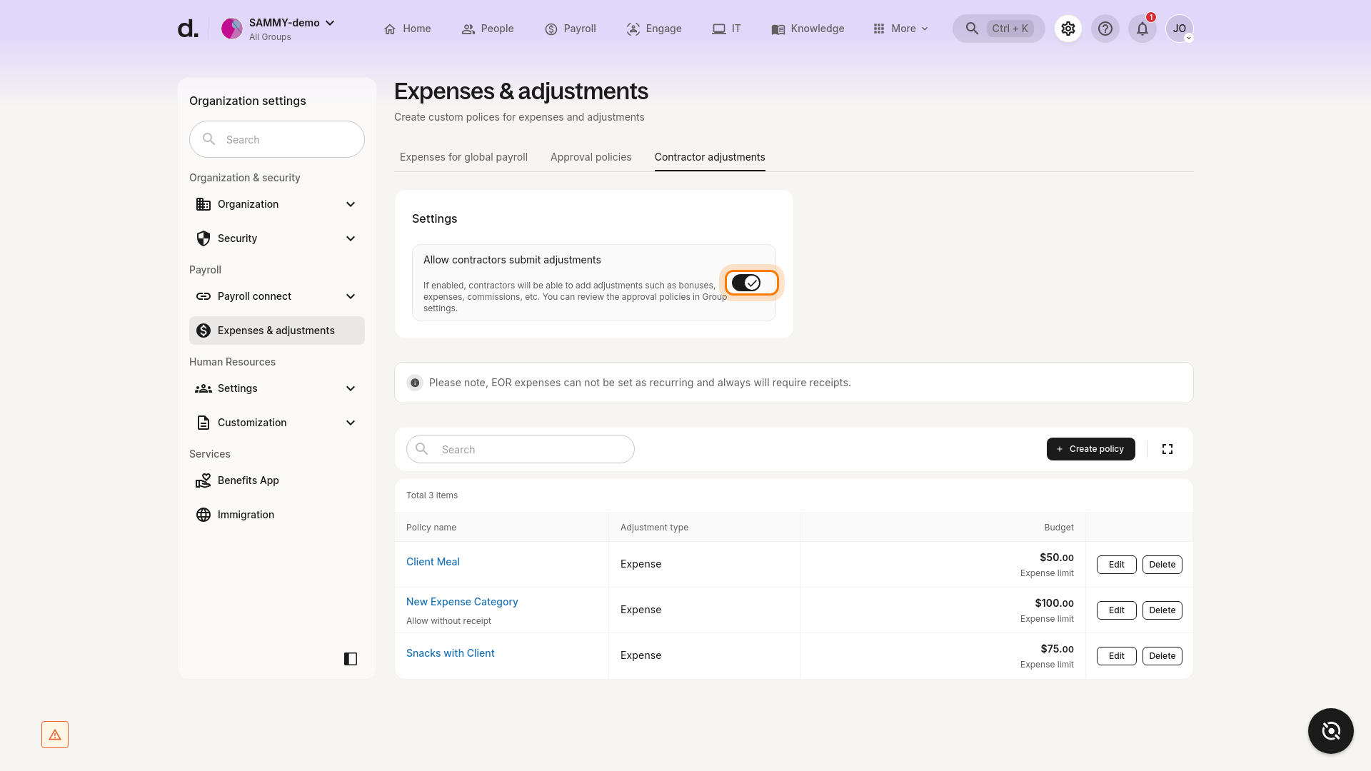 Contractor toggle enabled