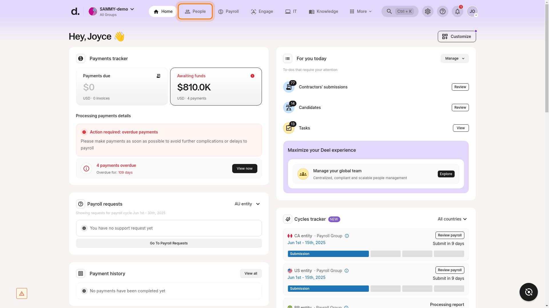 People tab highlighted in the Deel dashboard header