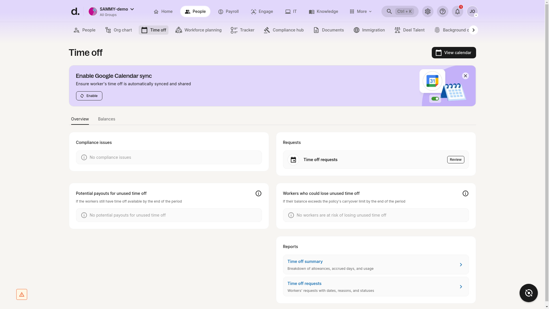 Time Off overview page with compliance, requests, payouts, and reports