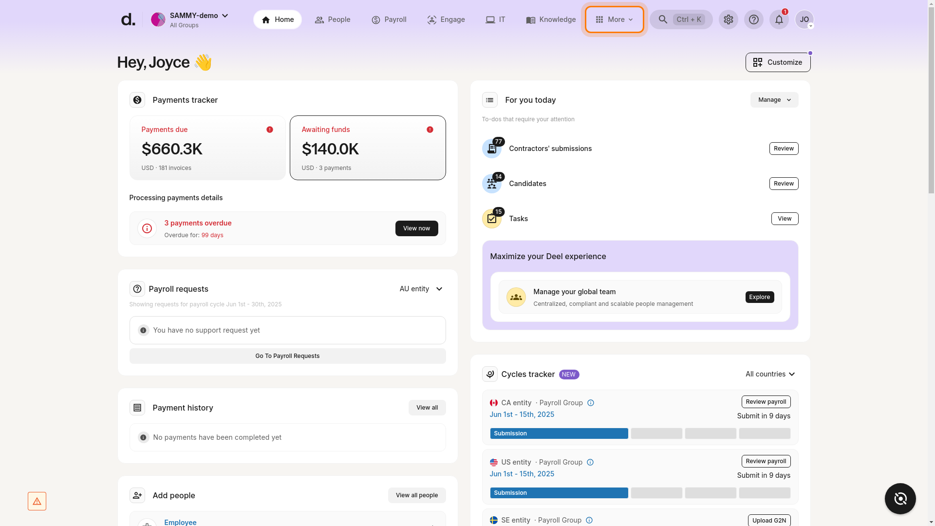 The "More" button is highlighted in the Deel platform header