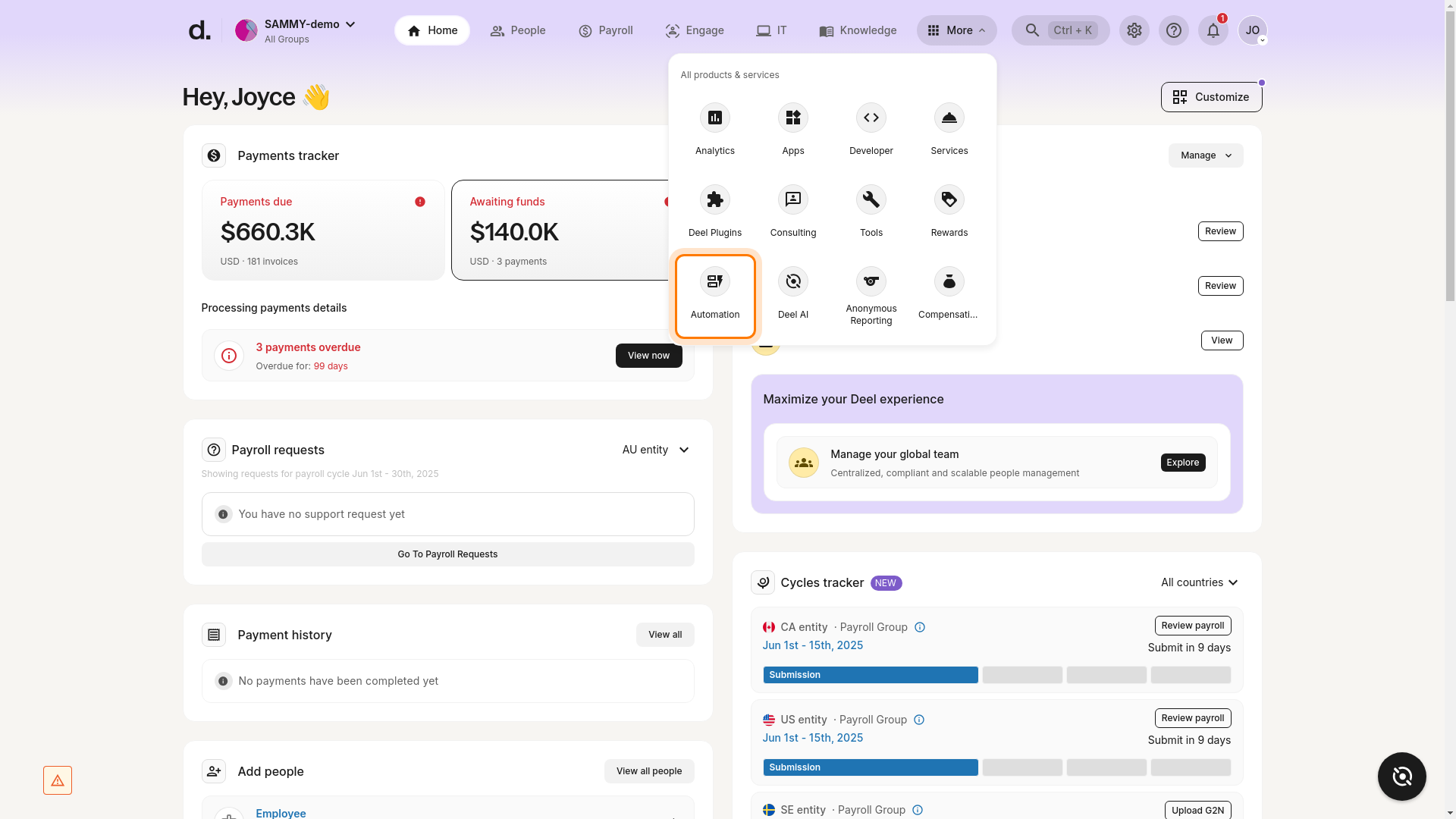 The "Automation" option is highlighted in the More menu