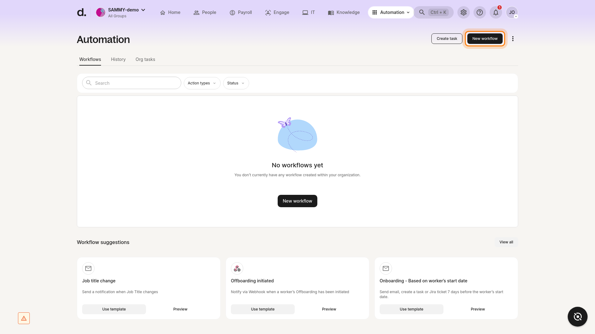 The "New workflow" button is highlighted on the Automation page