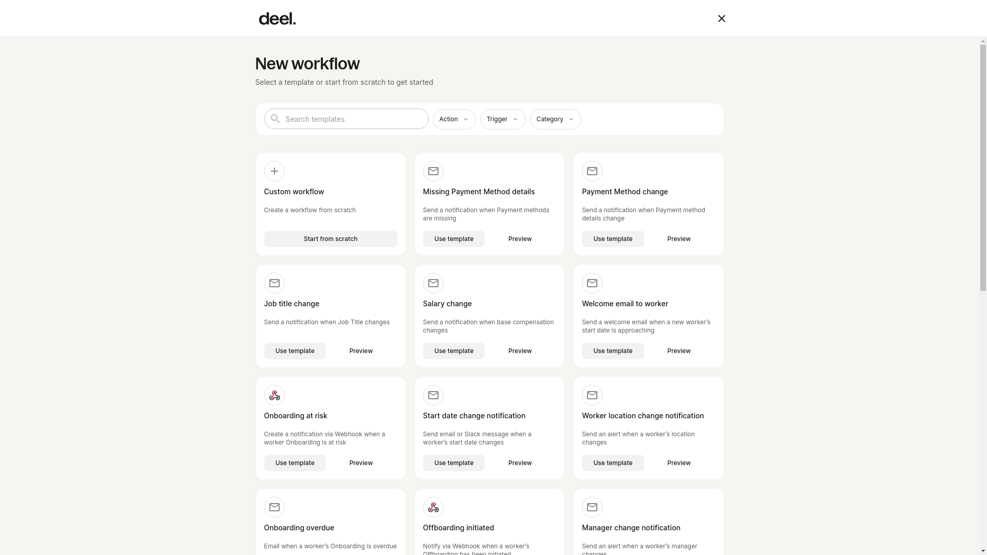 The workflow creation page with template options and "Start from scratch"