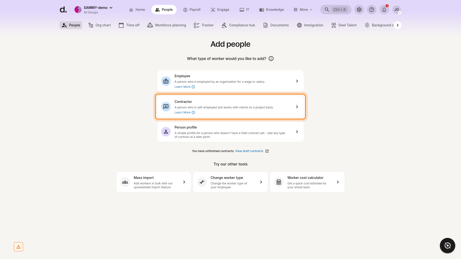 Contractor option highlighted on Add people page