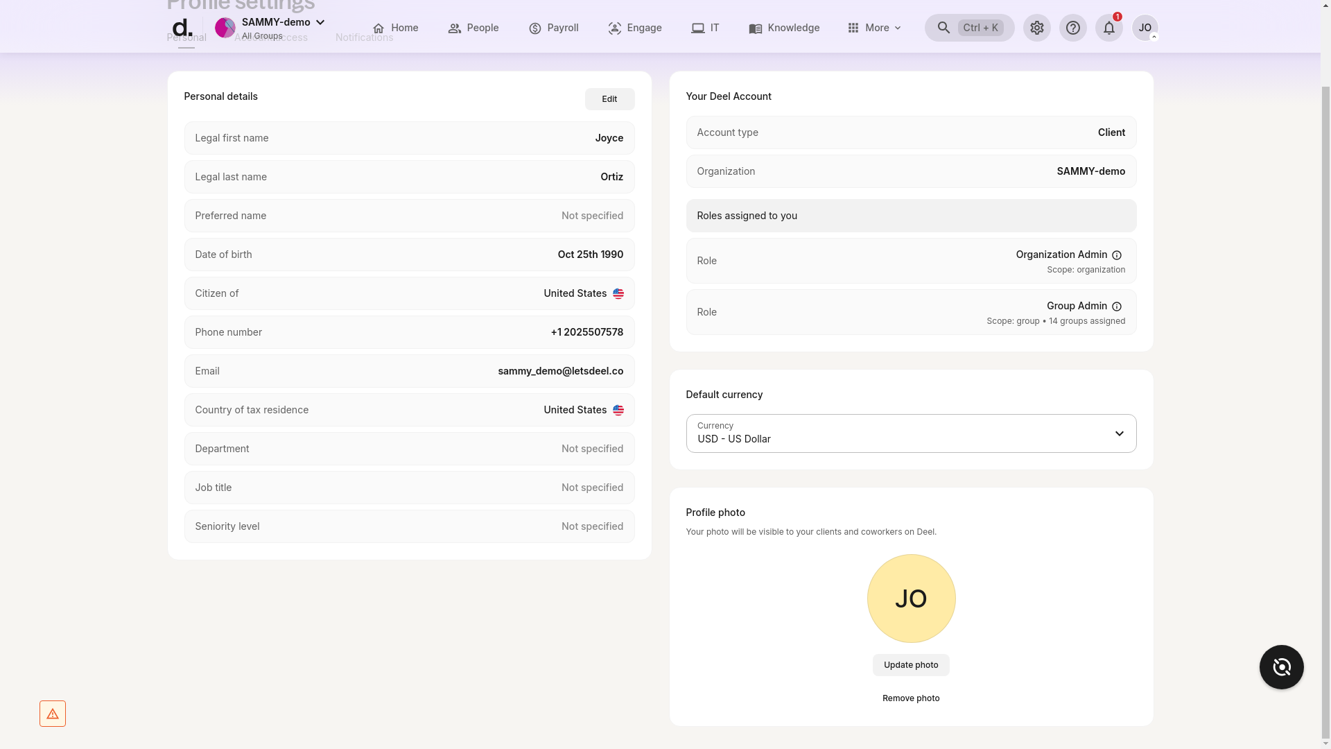 Profile settings page showing 'Your Deel Account' section with 'Account type: Client'