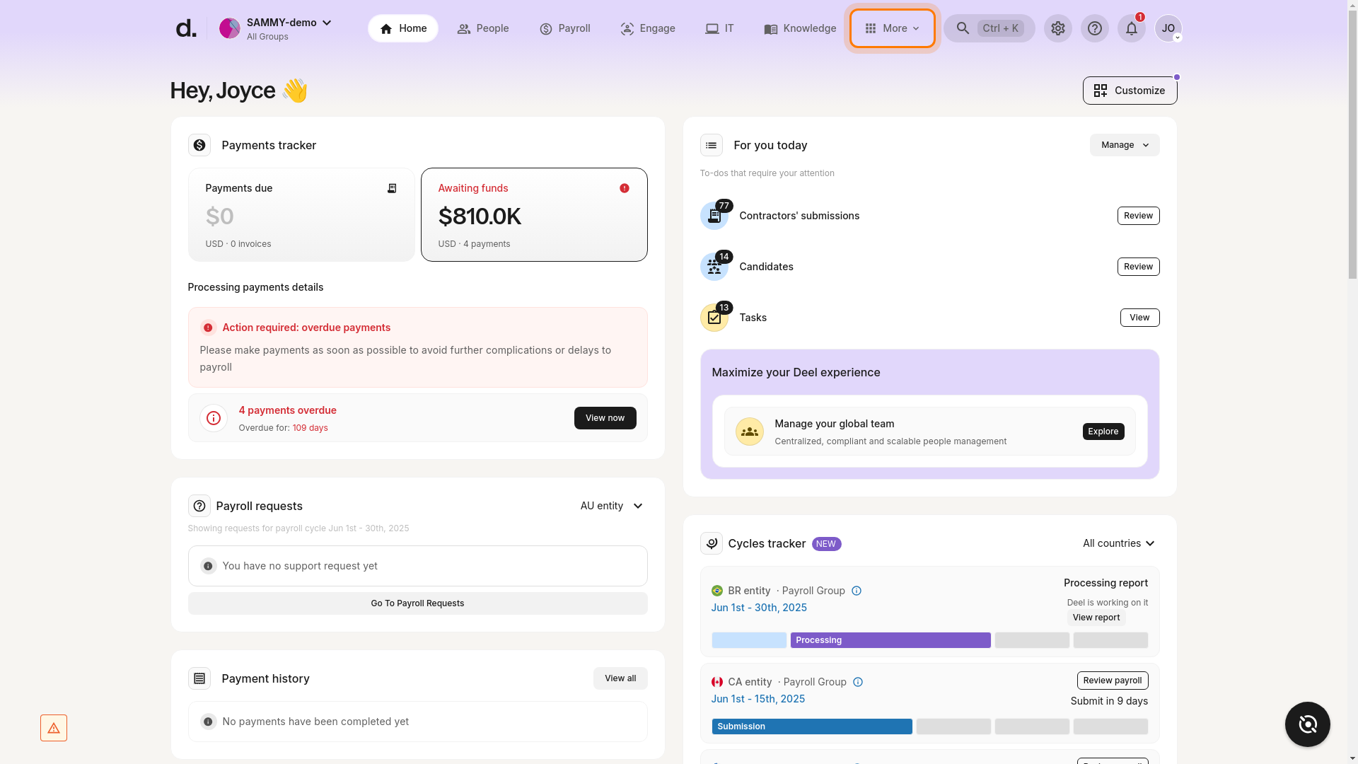 More tab highlighted in Deel dashboard navigation bar