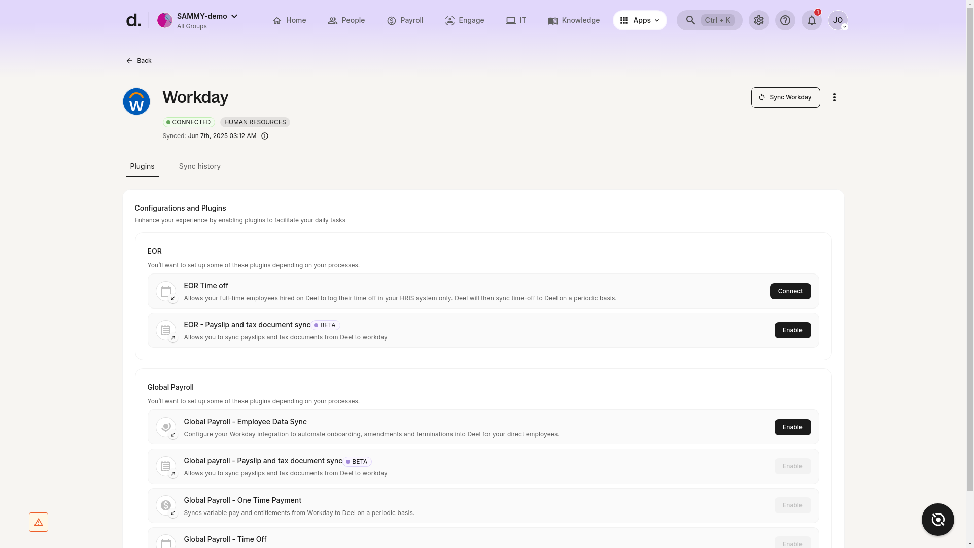 Workday app configuration page showing connection status and available plugins