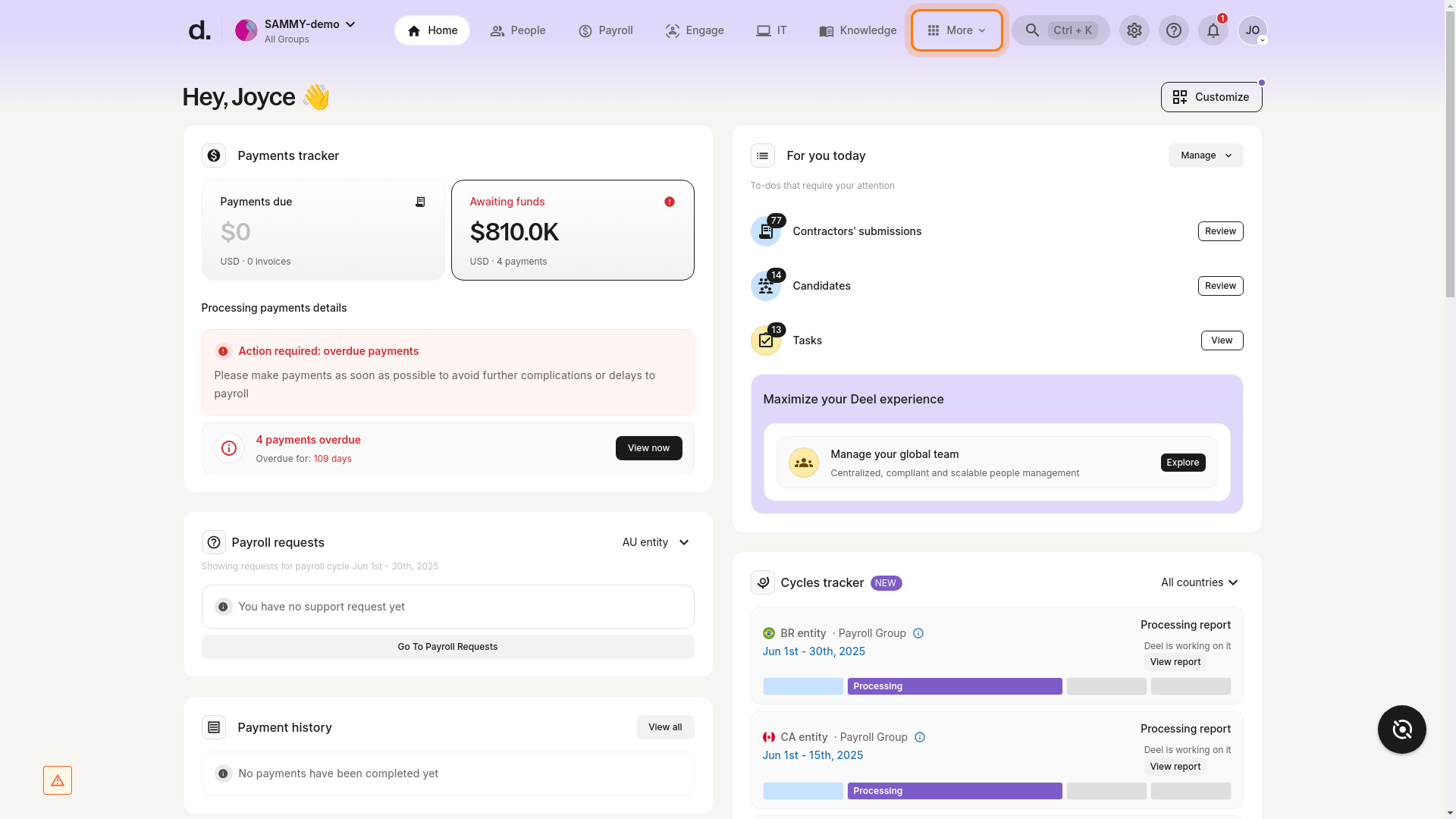 More tab highlighted in the Deel dashboard header