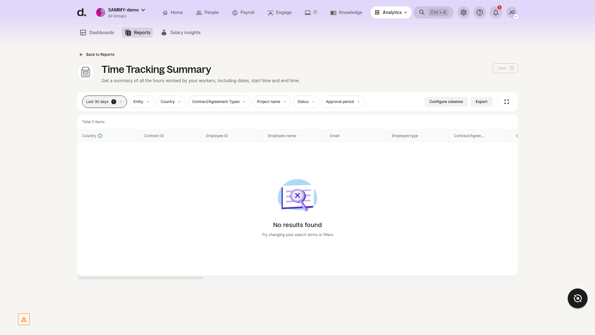 Time Tracking Summary report interface showing filters and columns
