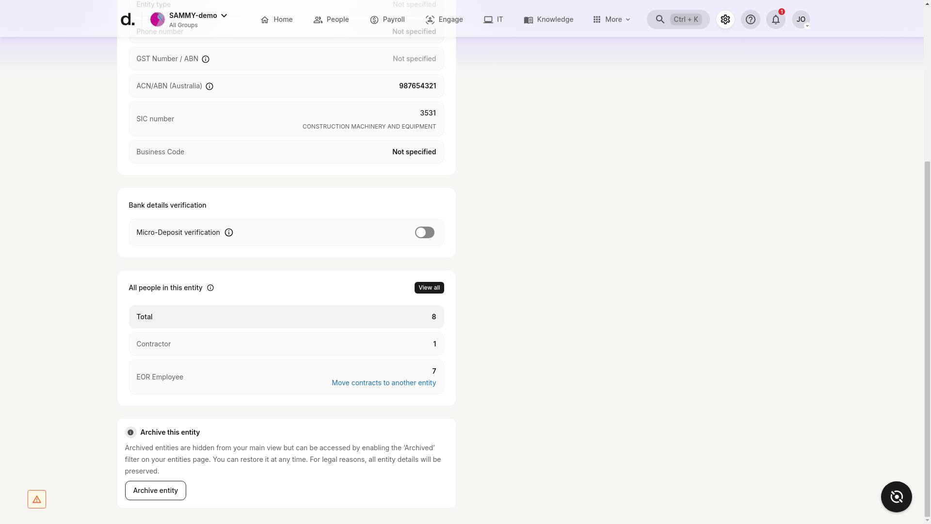 Entity details page showing entity information and people in entity
