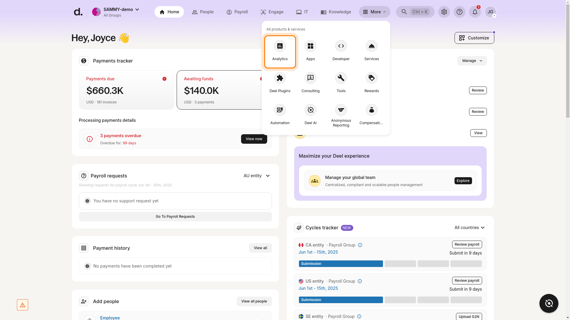 The "Analytics" option highlighted in the More dropdown menu