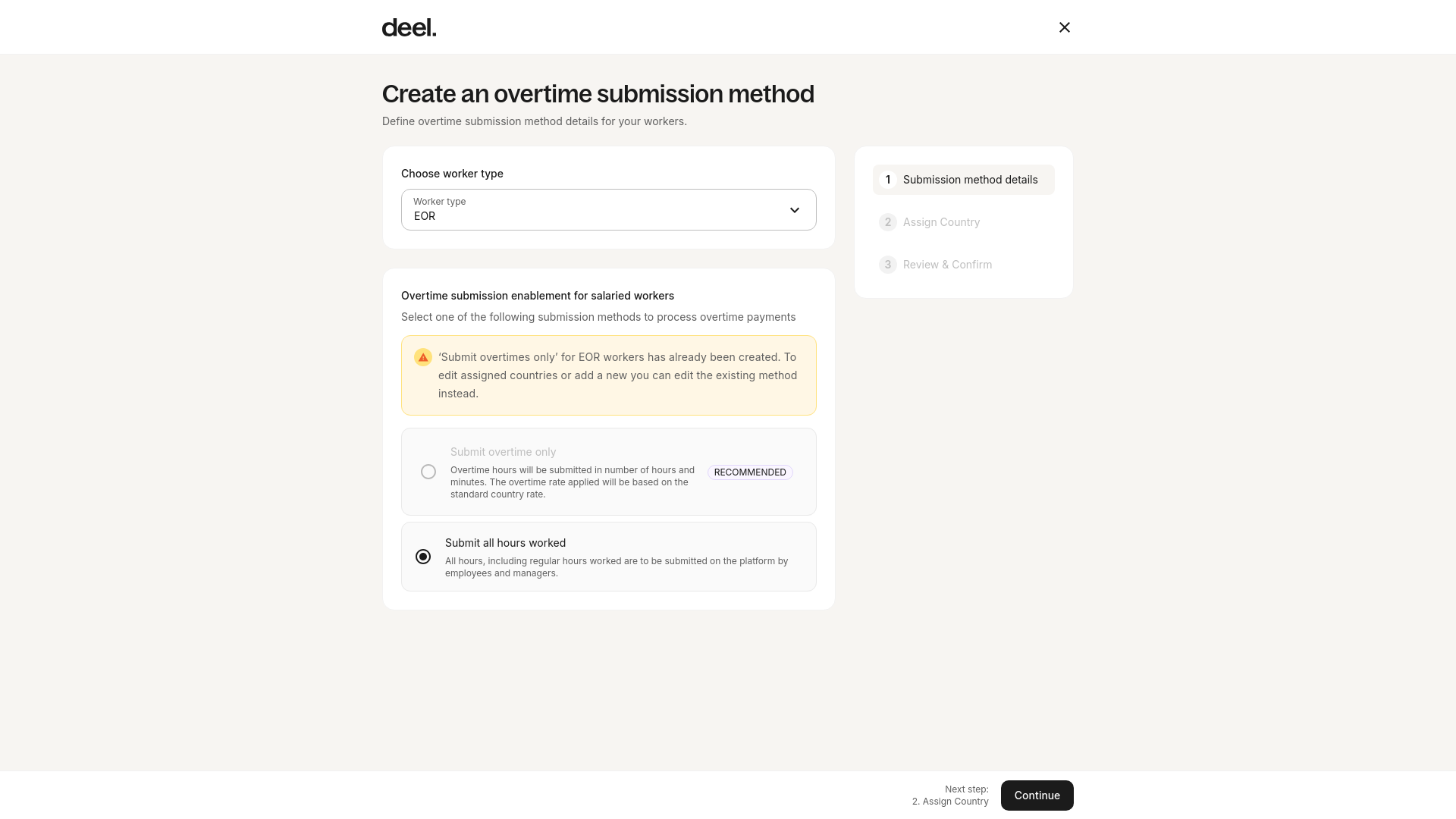 Create an overtime submission method form