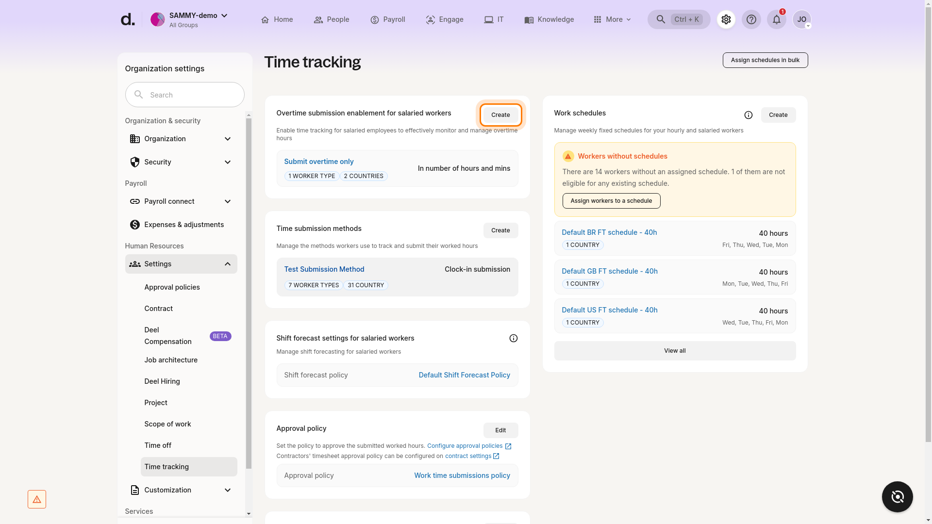 Create button highlighted in the Time submission methods section