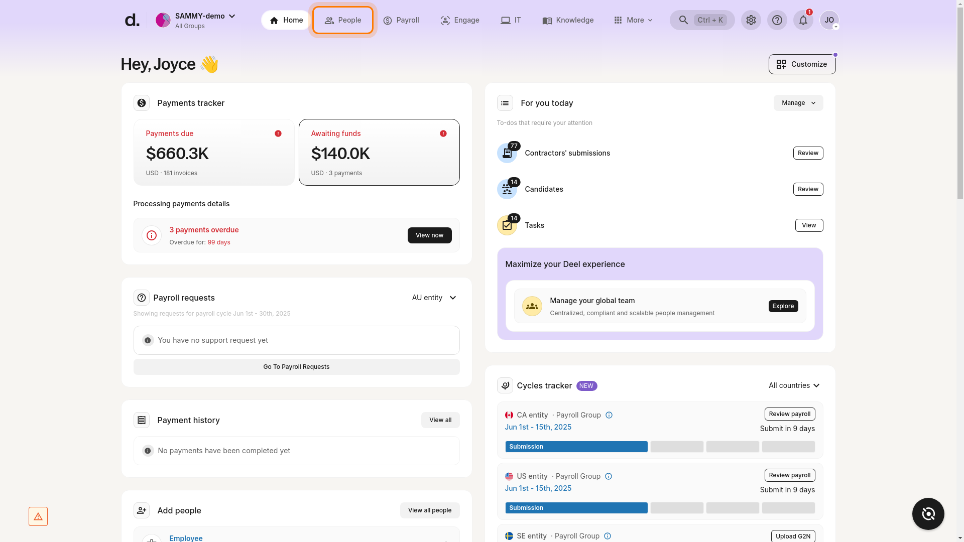 People tab highlighted on the Deel dashboard