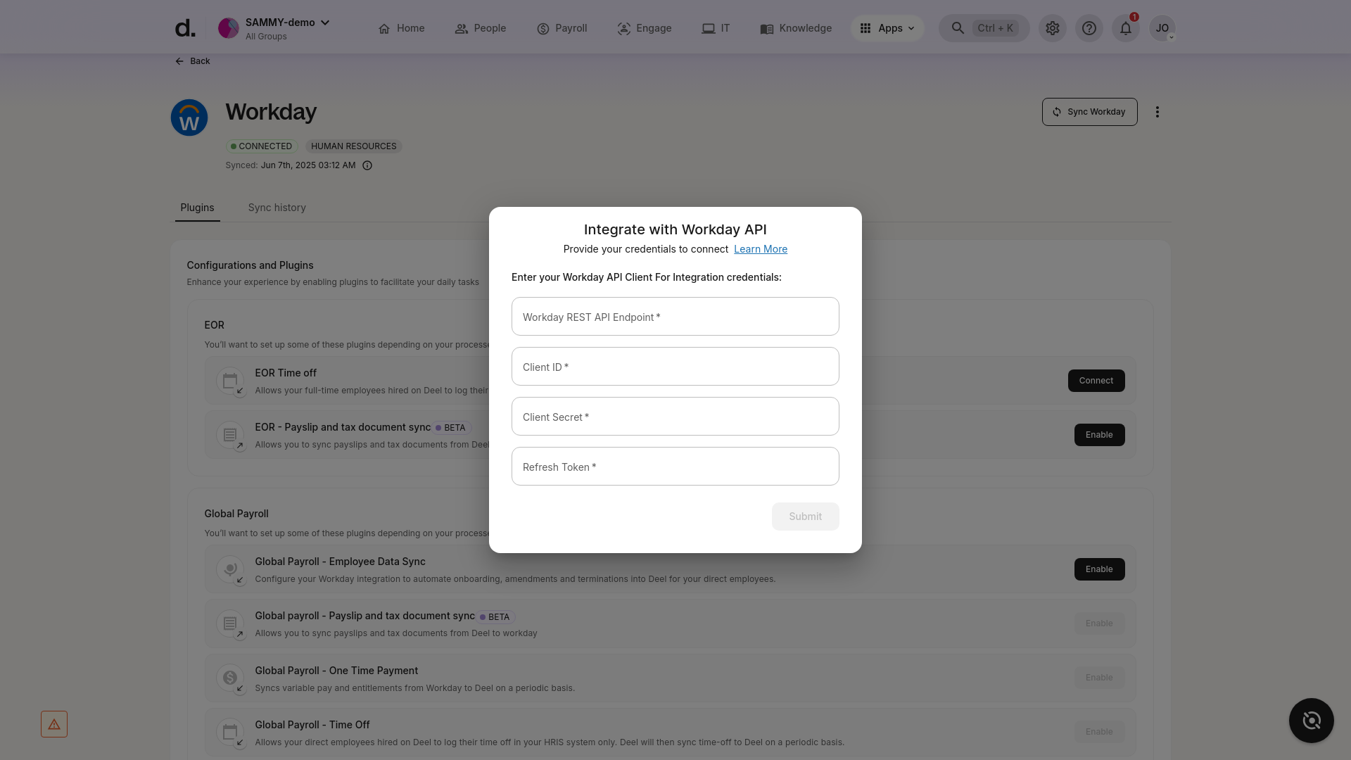 Modal dialog requesting Workday API credentials