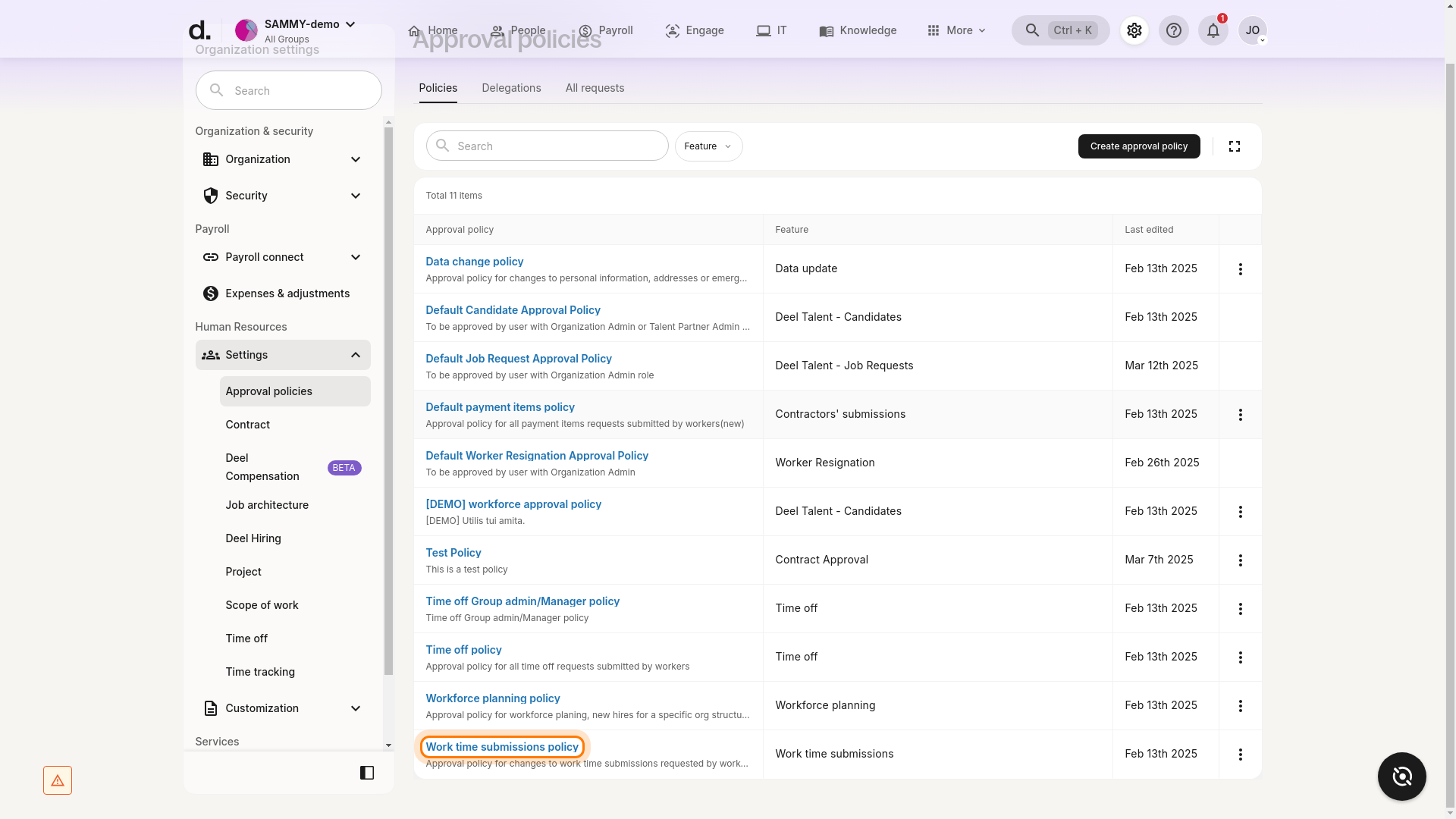 Work time submissions policy highlighted in the list