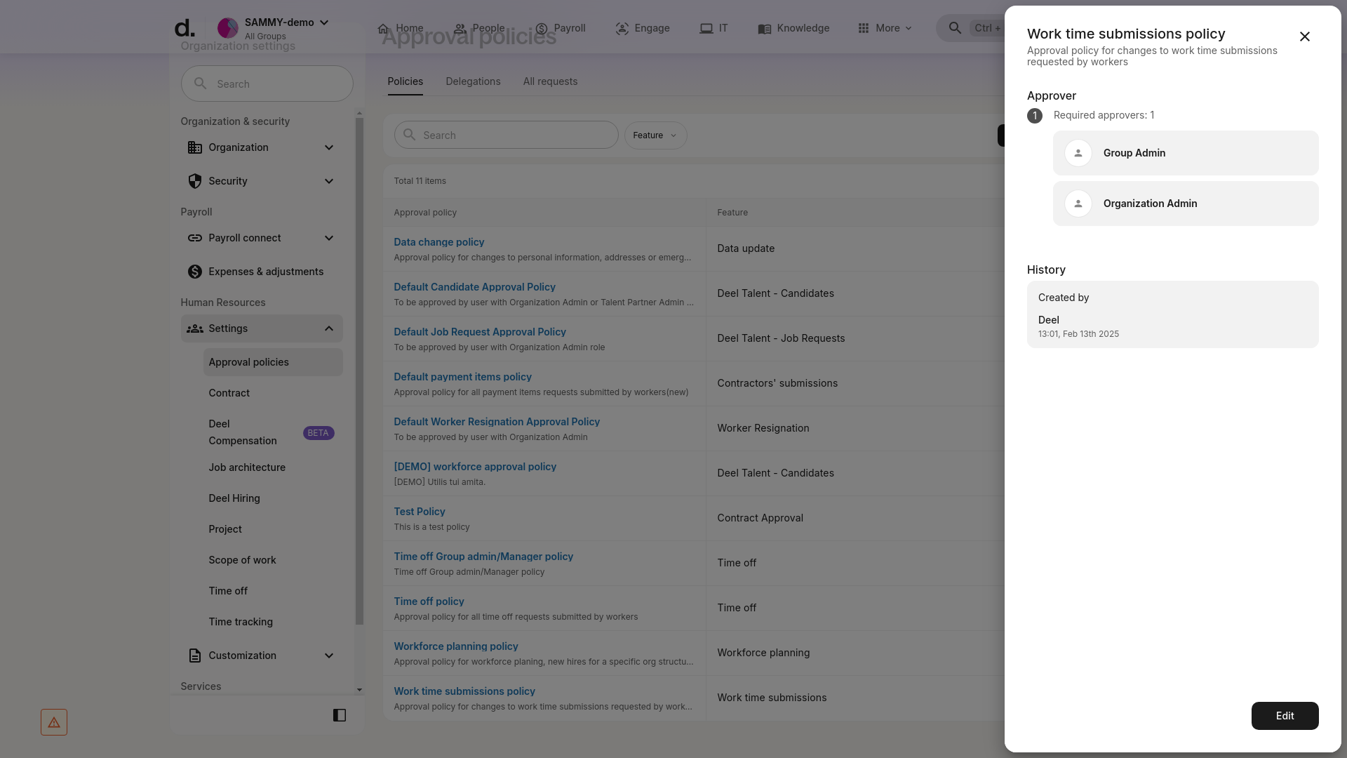 Work time submissions policy configuration panel