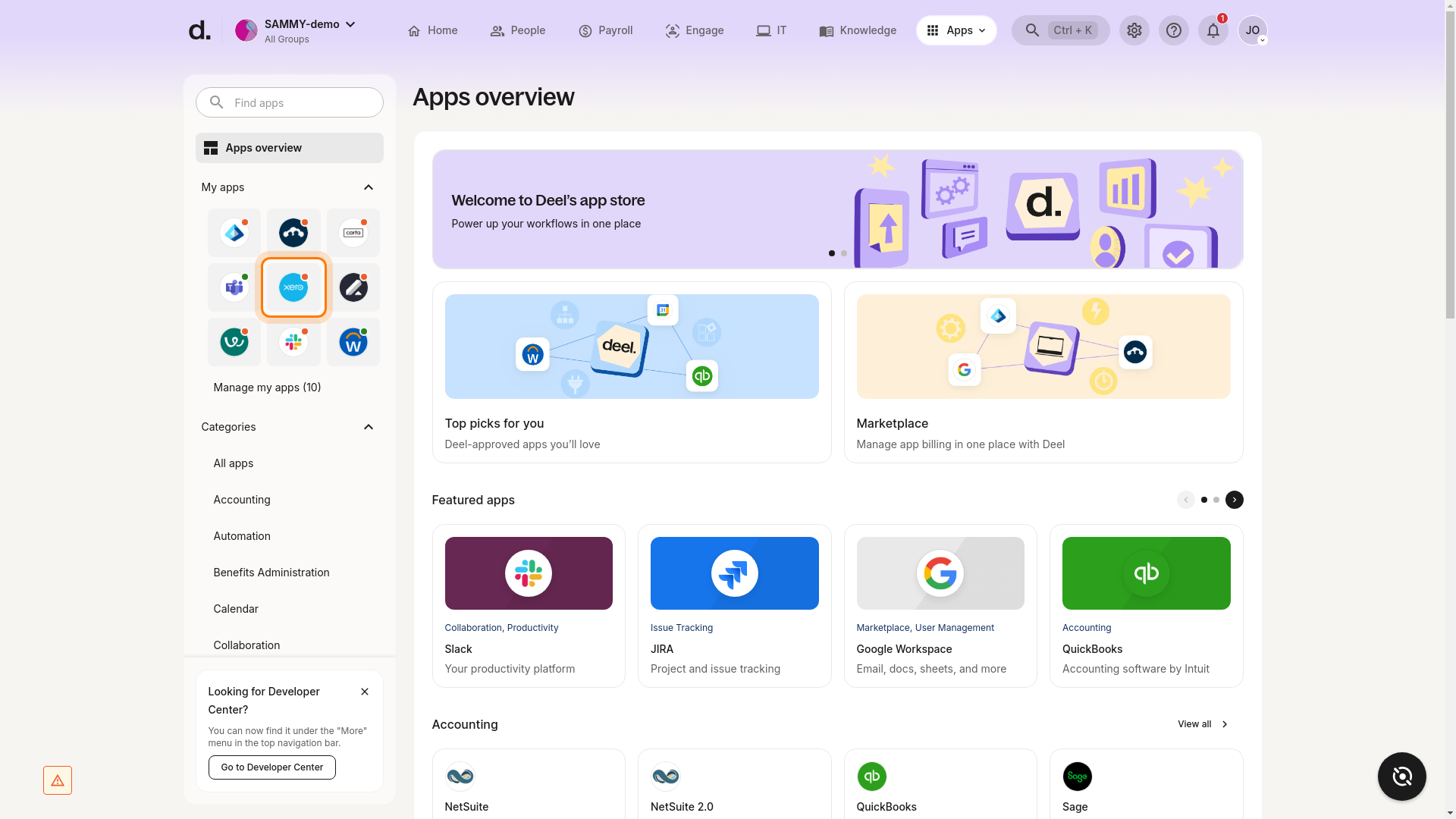 Xero app tile in Deel app store