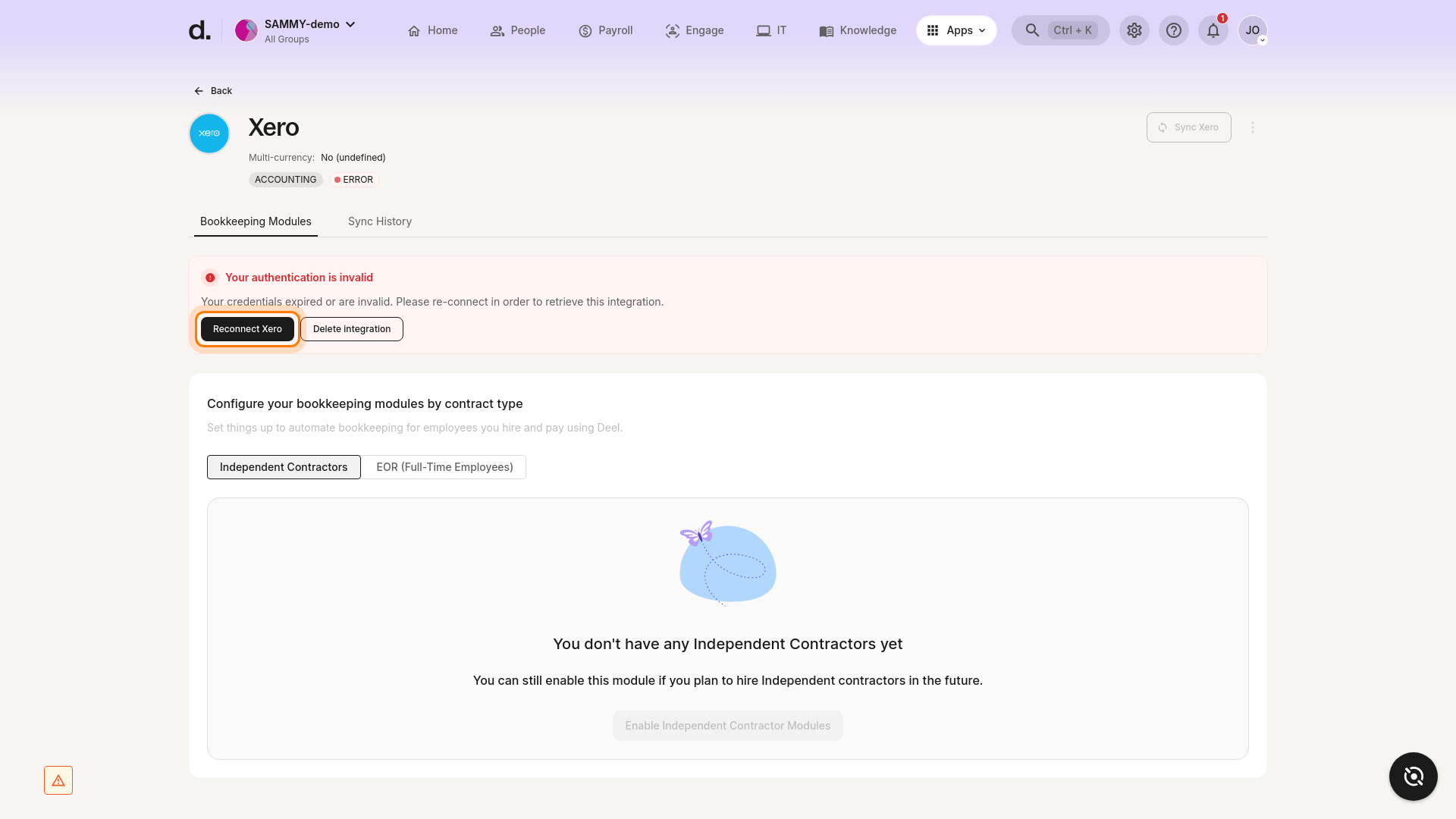 Xero authentication error and Reconnect Xero button