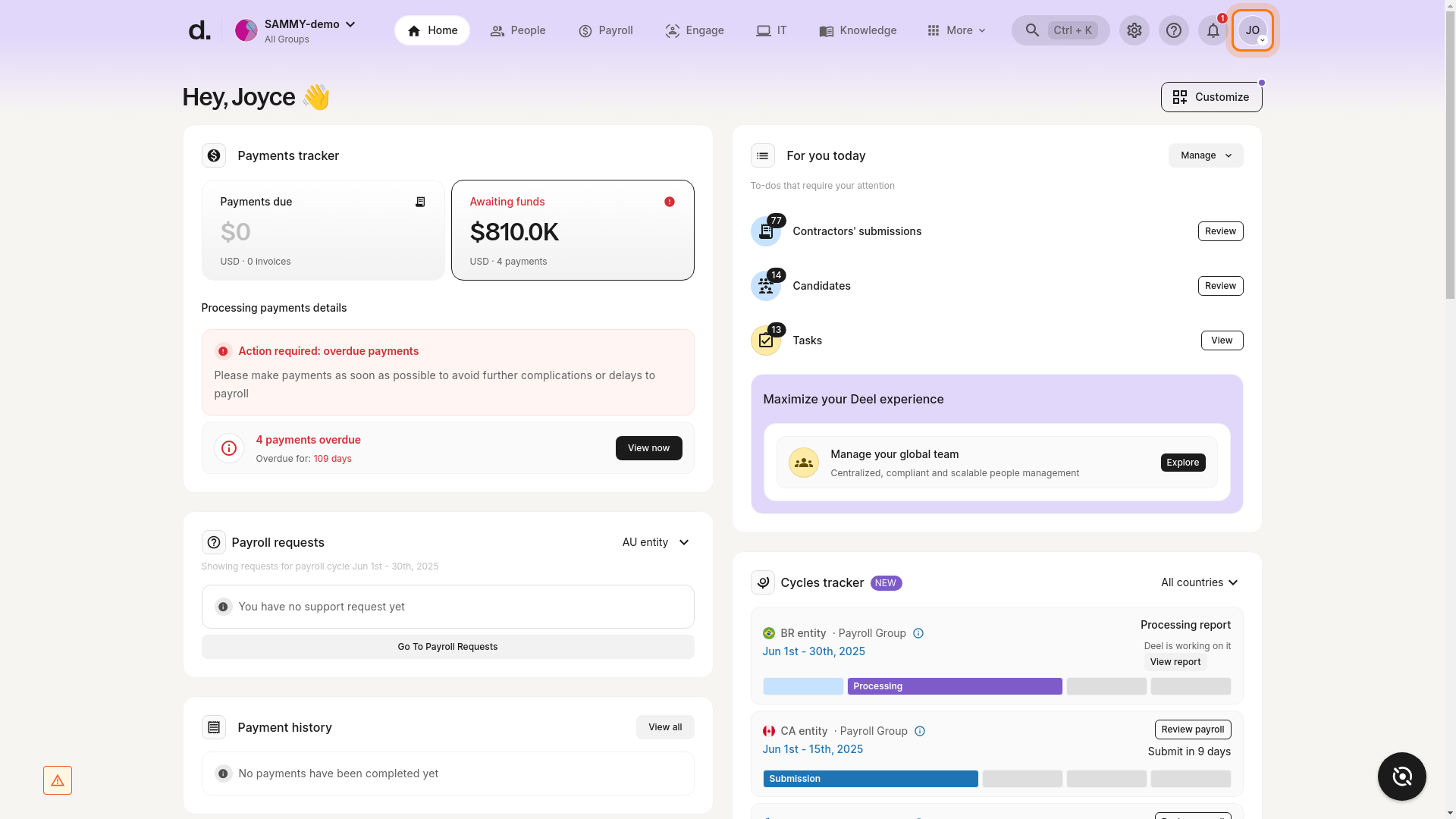 User avatar highlighted in the top right corner of the Deel dashboard