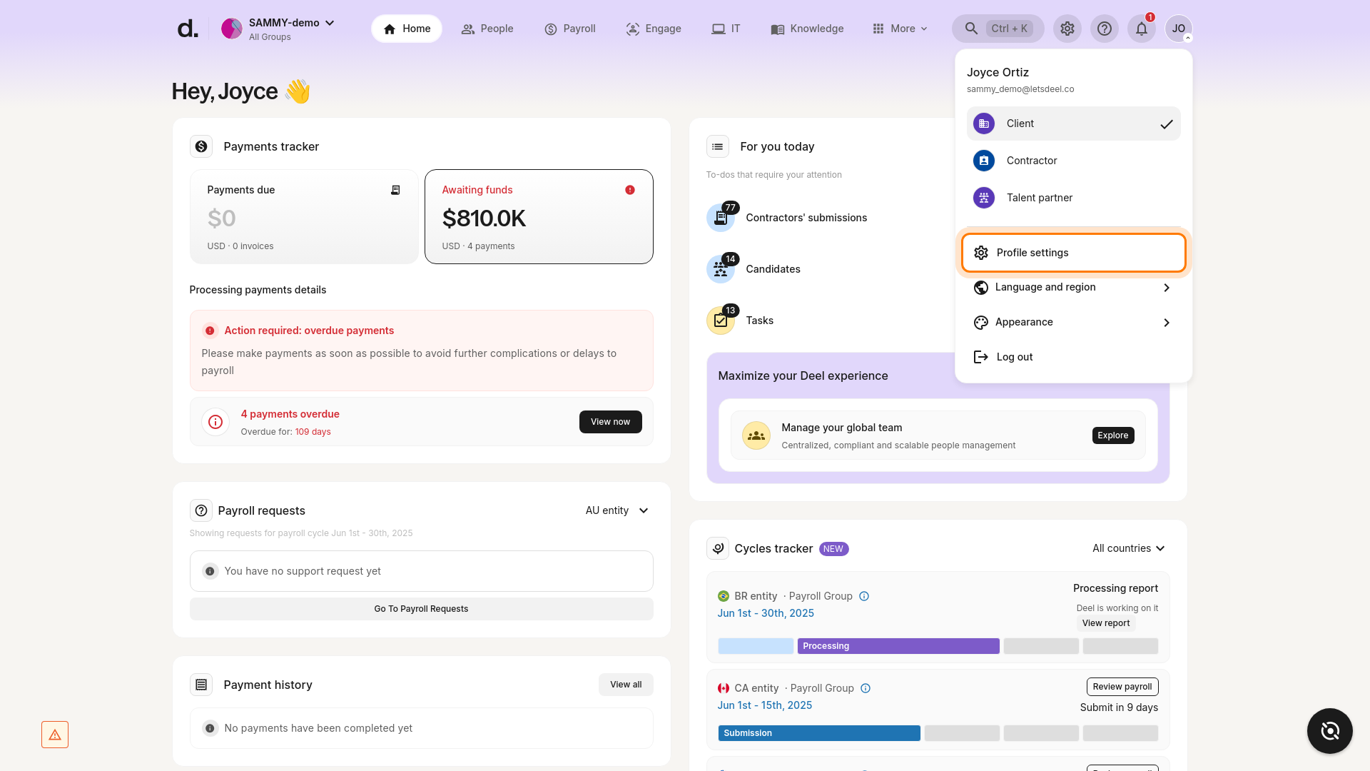 Profile settings option highlighted in the user avatar dropdown menu