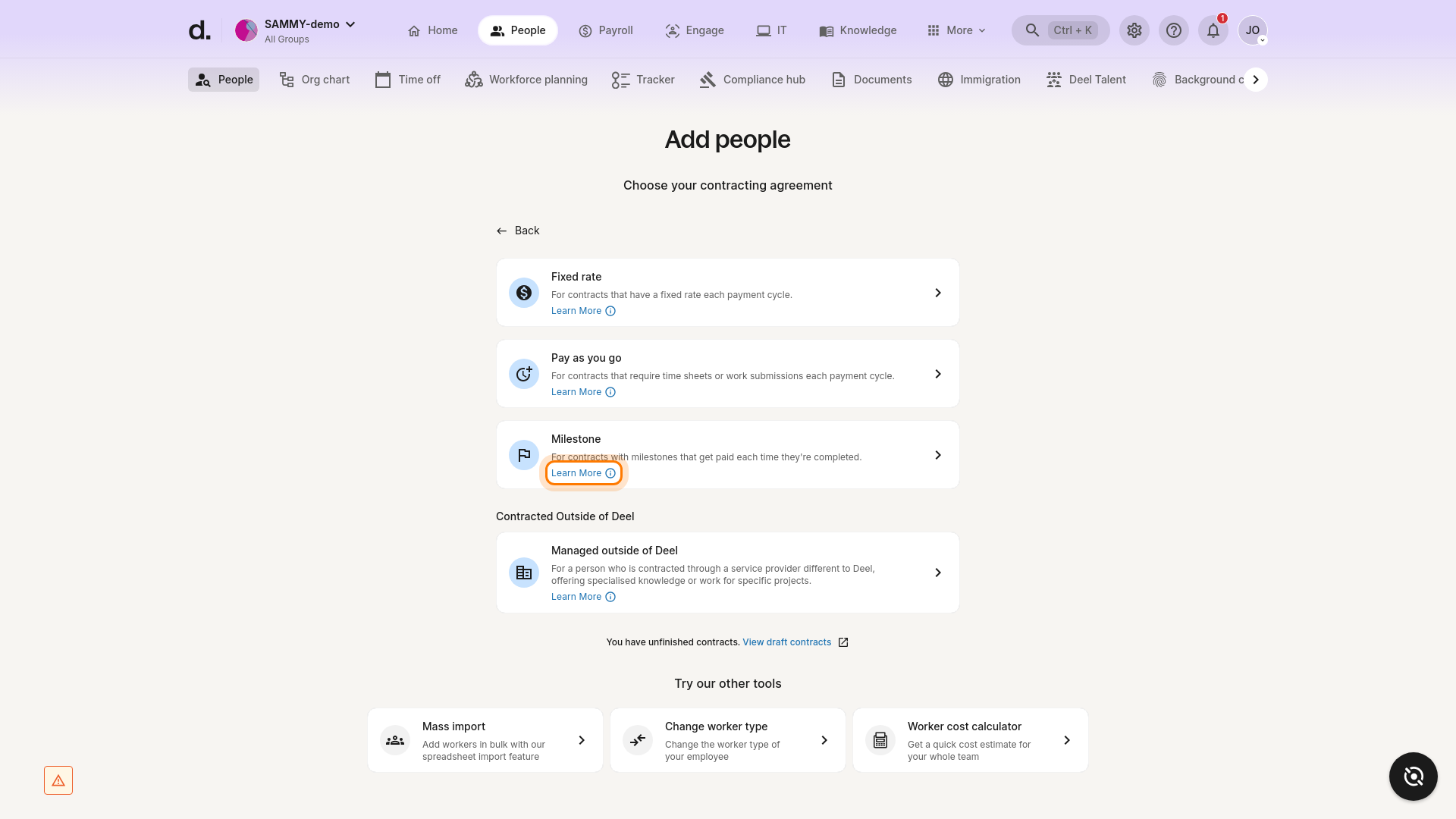 Learn More link for Milestone contract