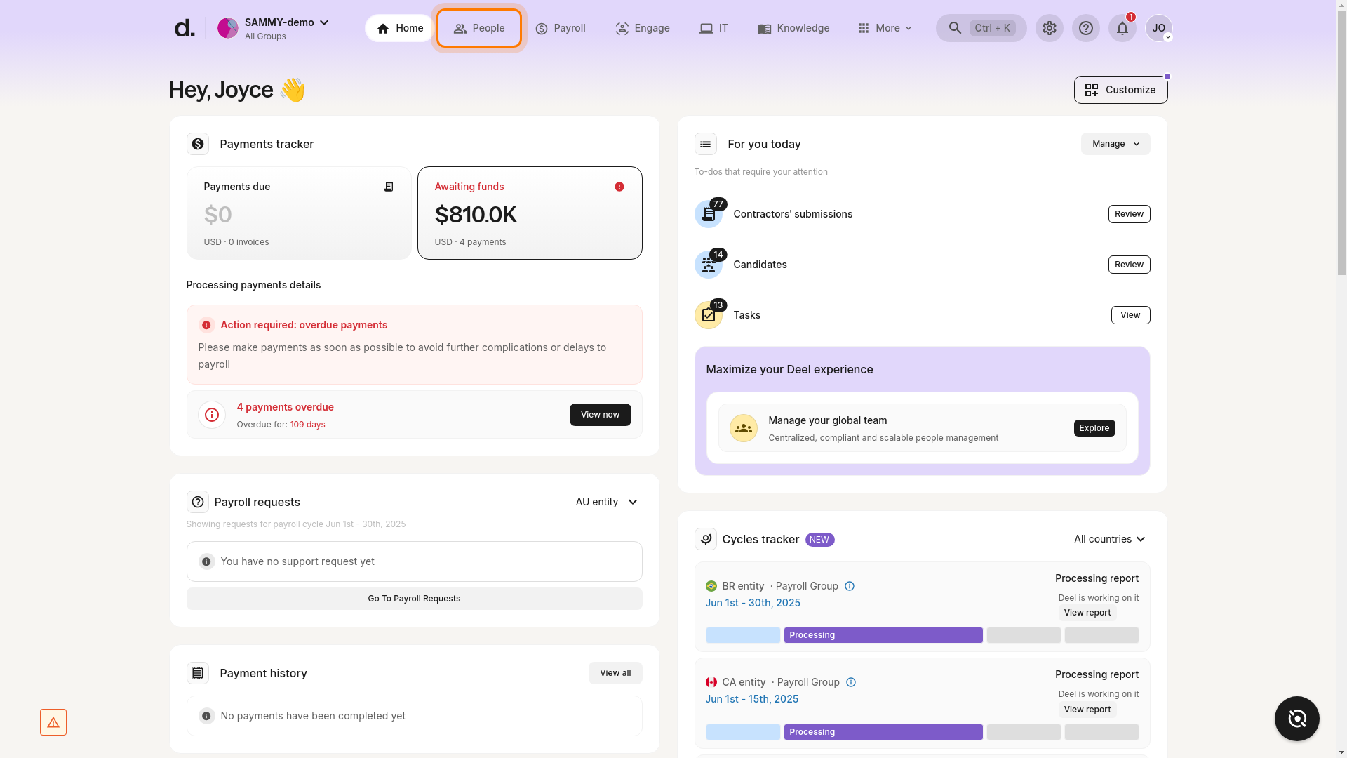 People tab highlighted on Deel dashboard
