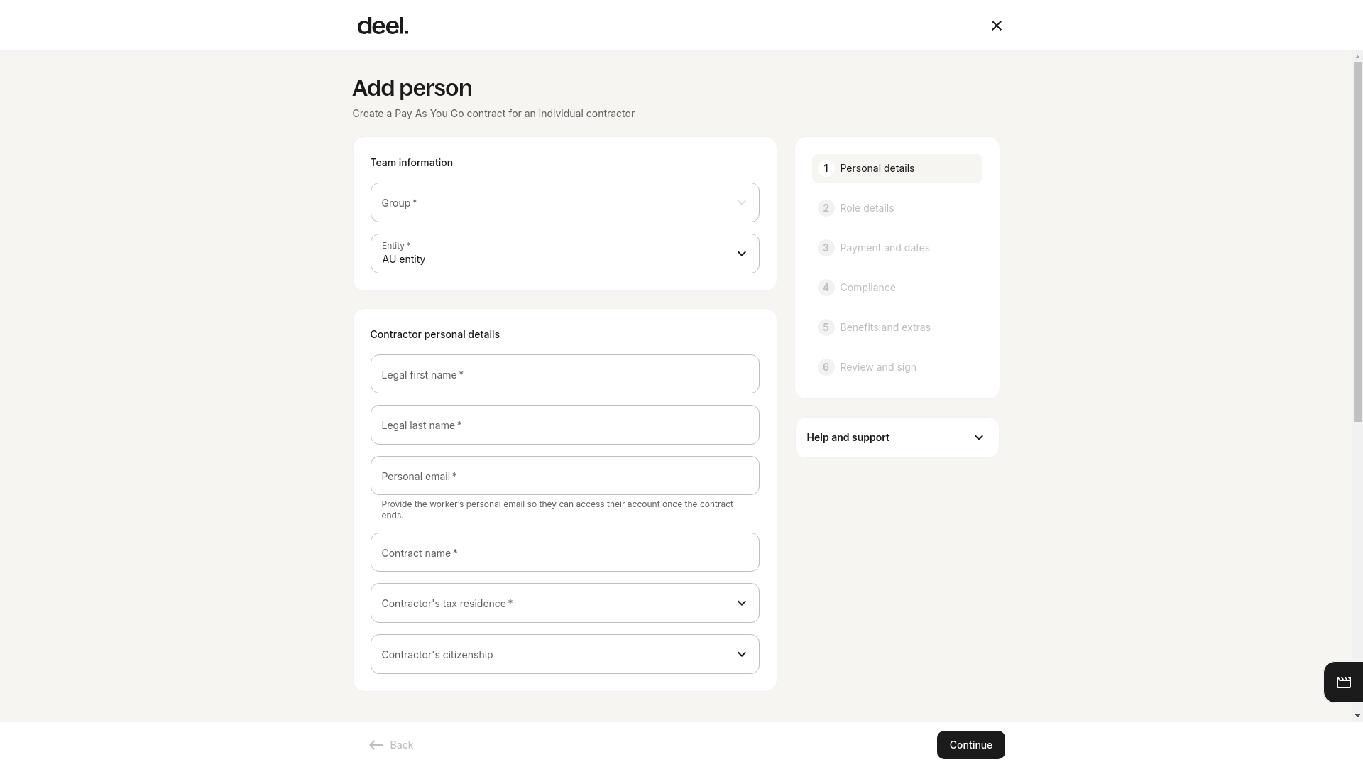 Pay As You Go contract creation form