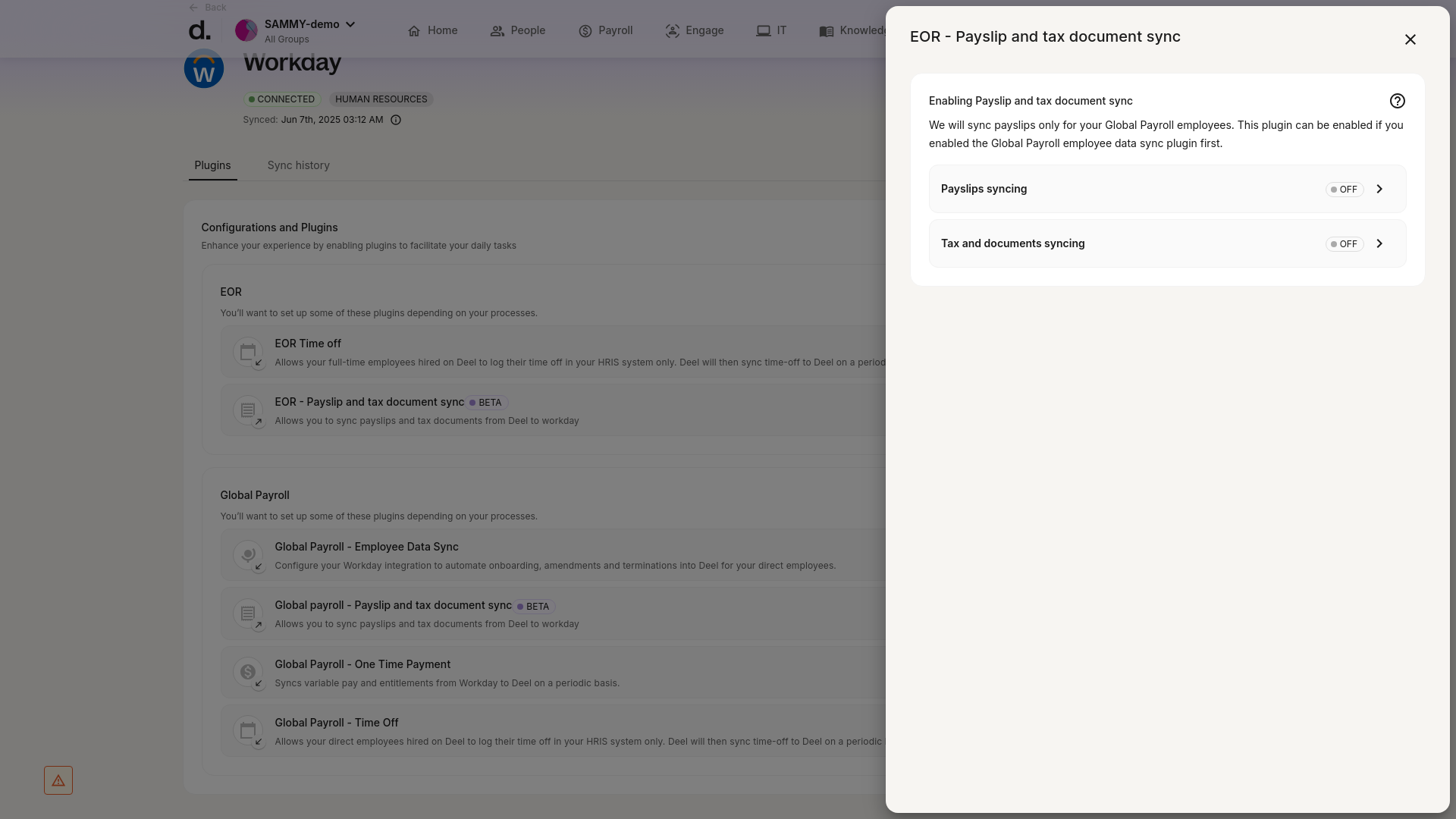 Configuration modal for EOR - Payslip and tax document sync plugin