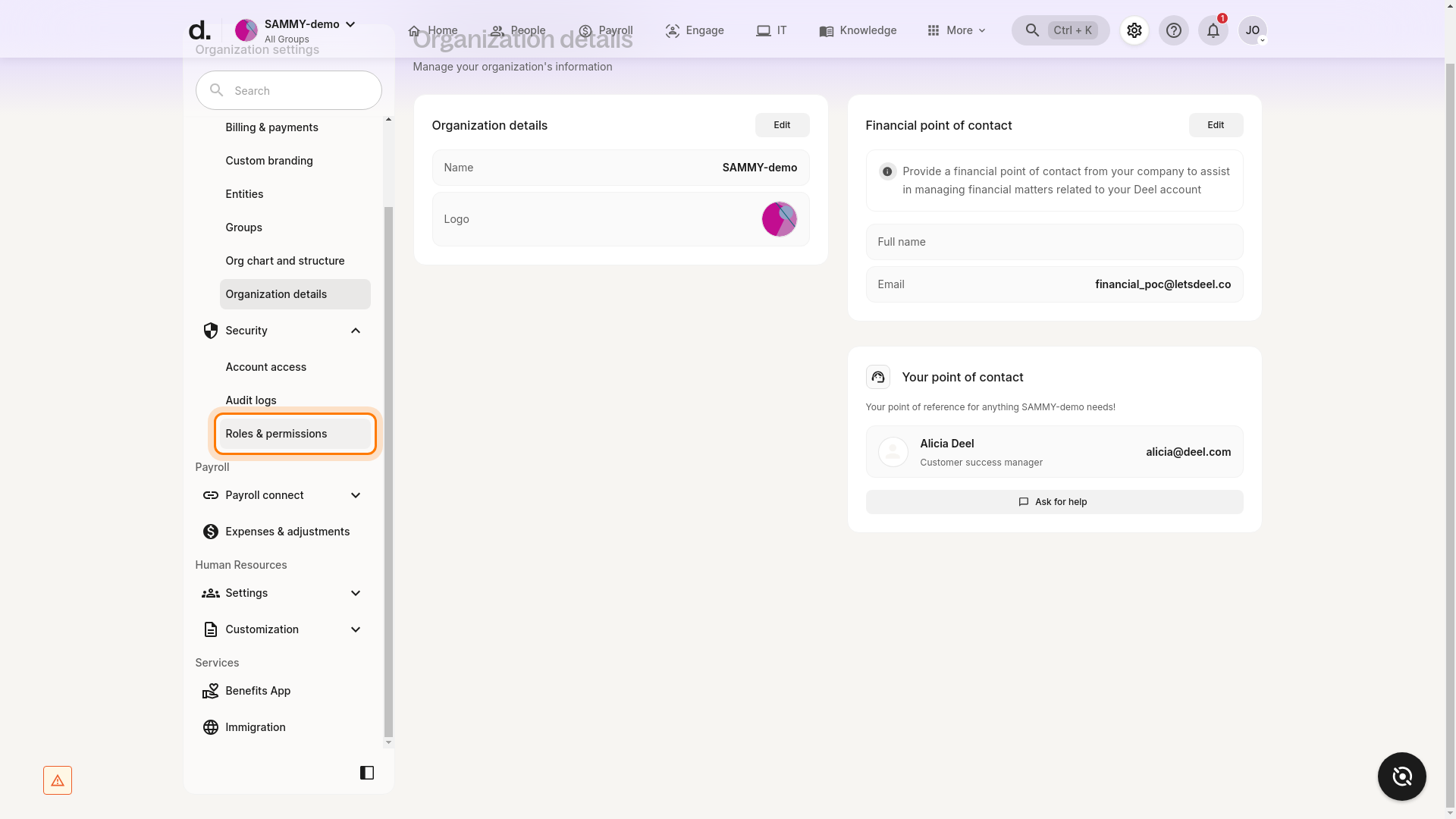 Roles & permissions option highlighted in the Security section