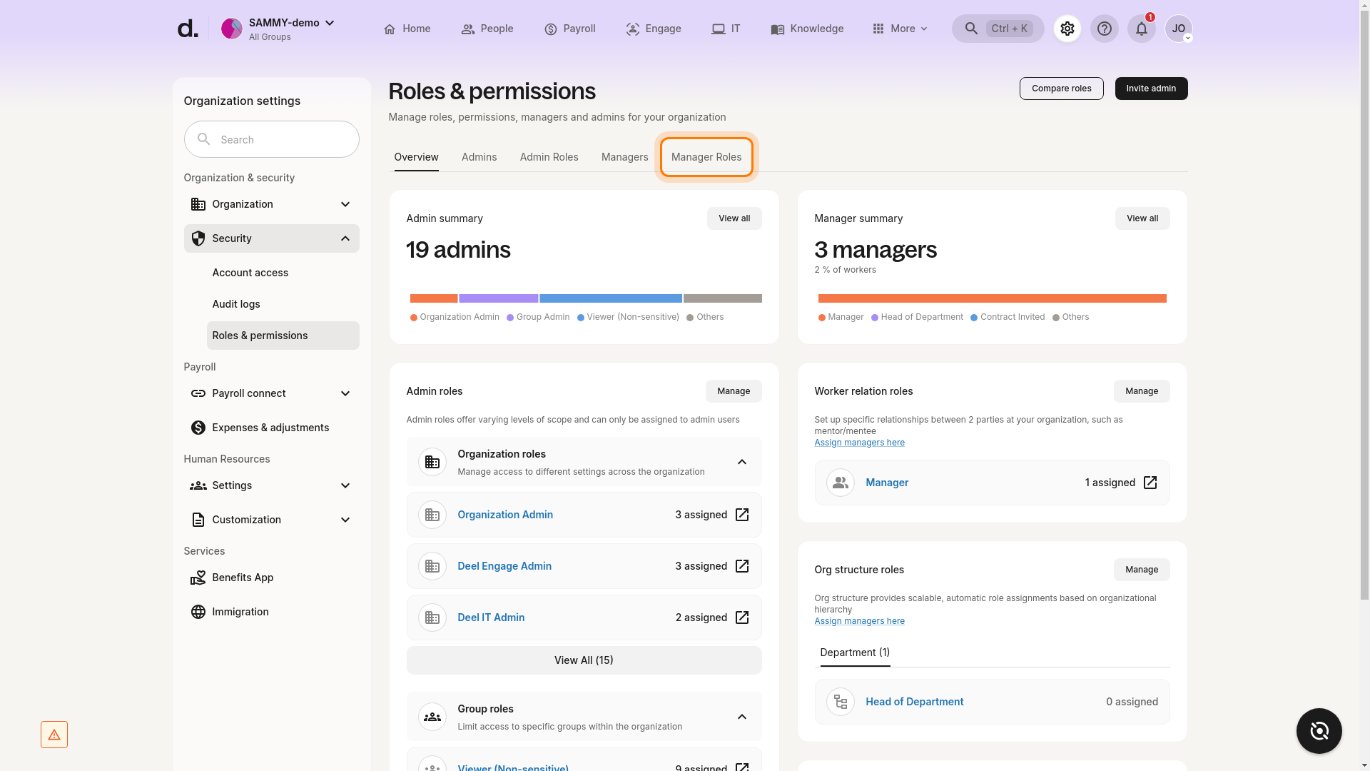 Manager Roles tab highlighted on the Roles & permissions page