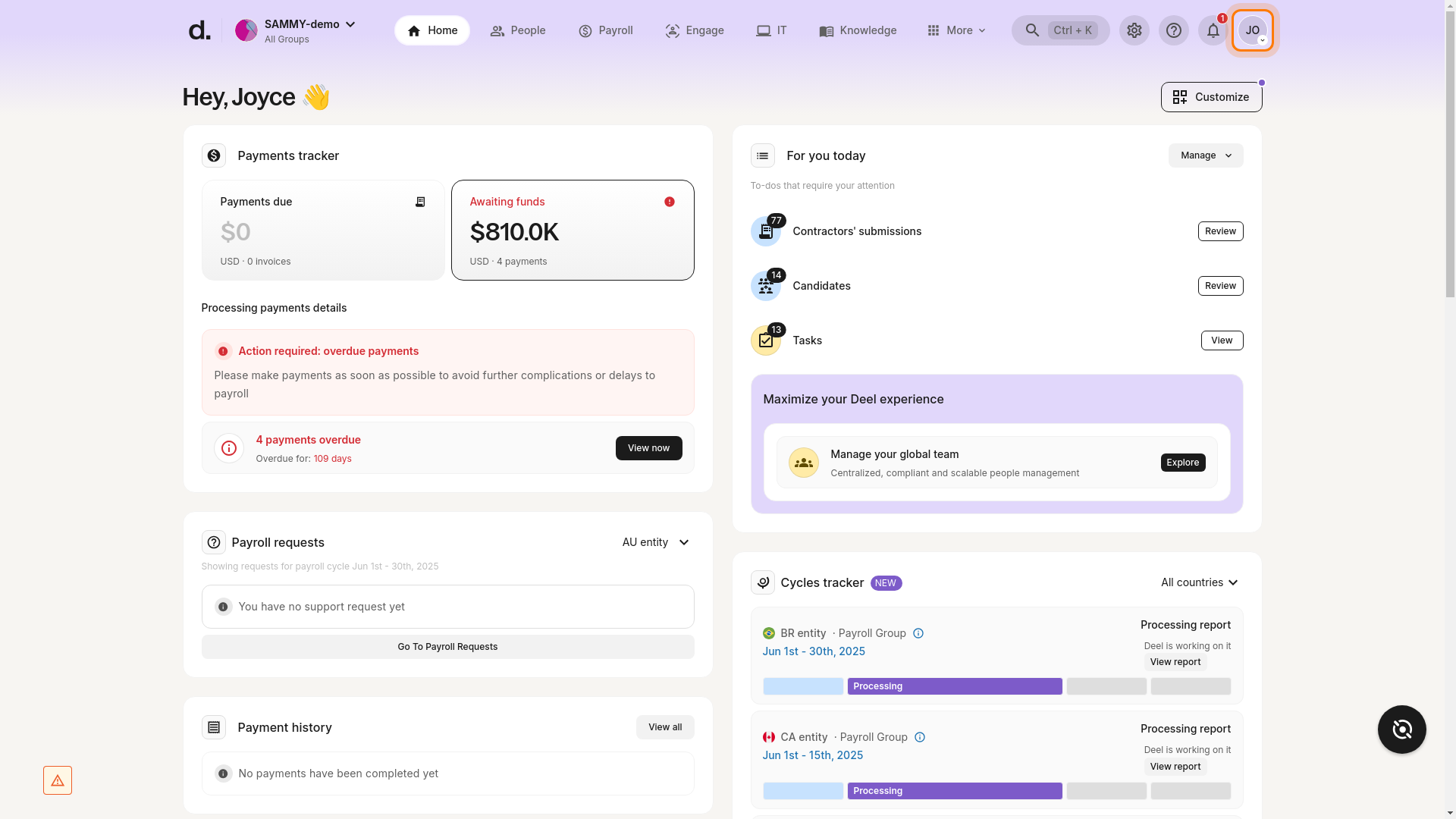 User avatar highlighted in the top right corner of the Deel dashboard