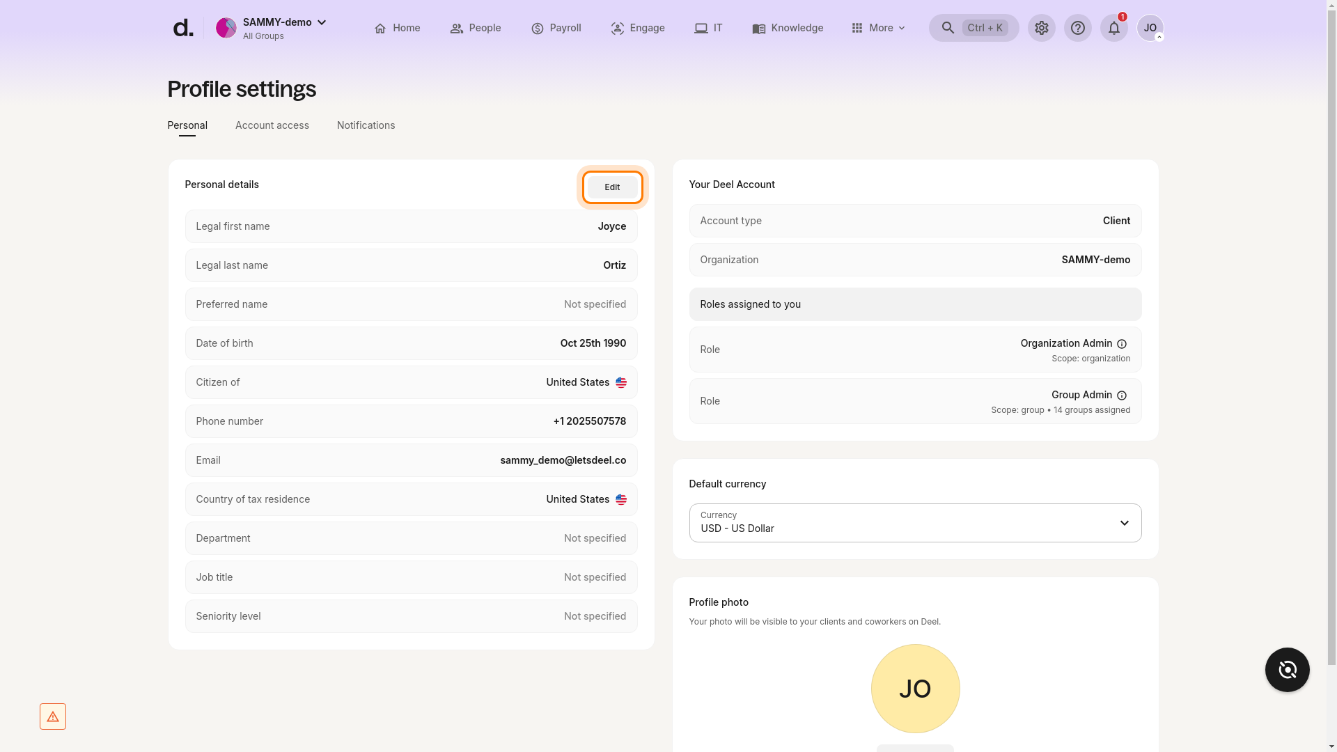 Edit button highlighted in the Personal details section