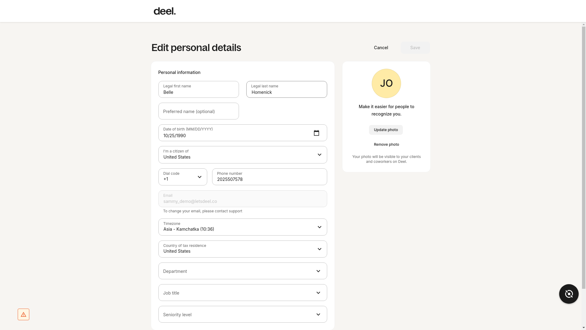 Phone number edit field visible on the Edit personal details page