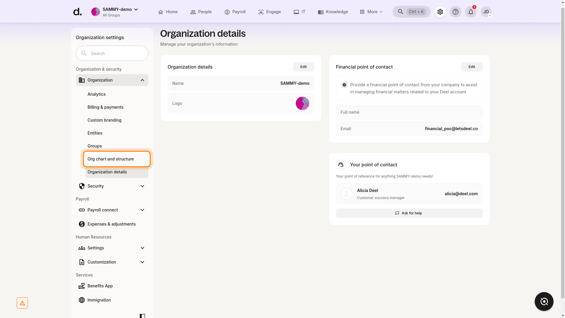 Org chart and structure option