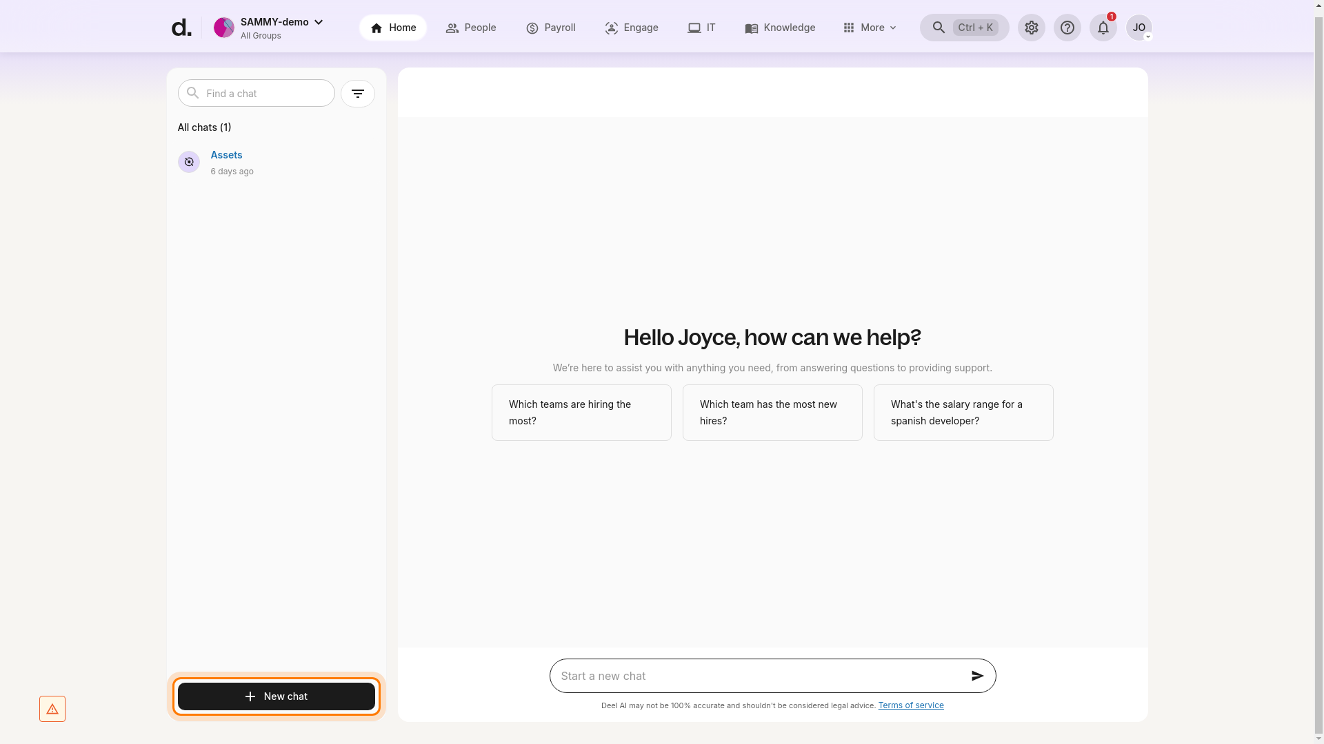 New chat button on the support page