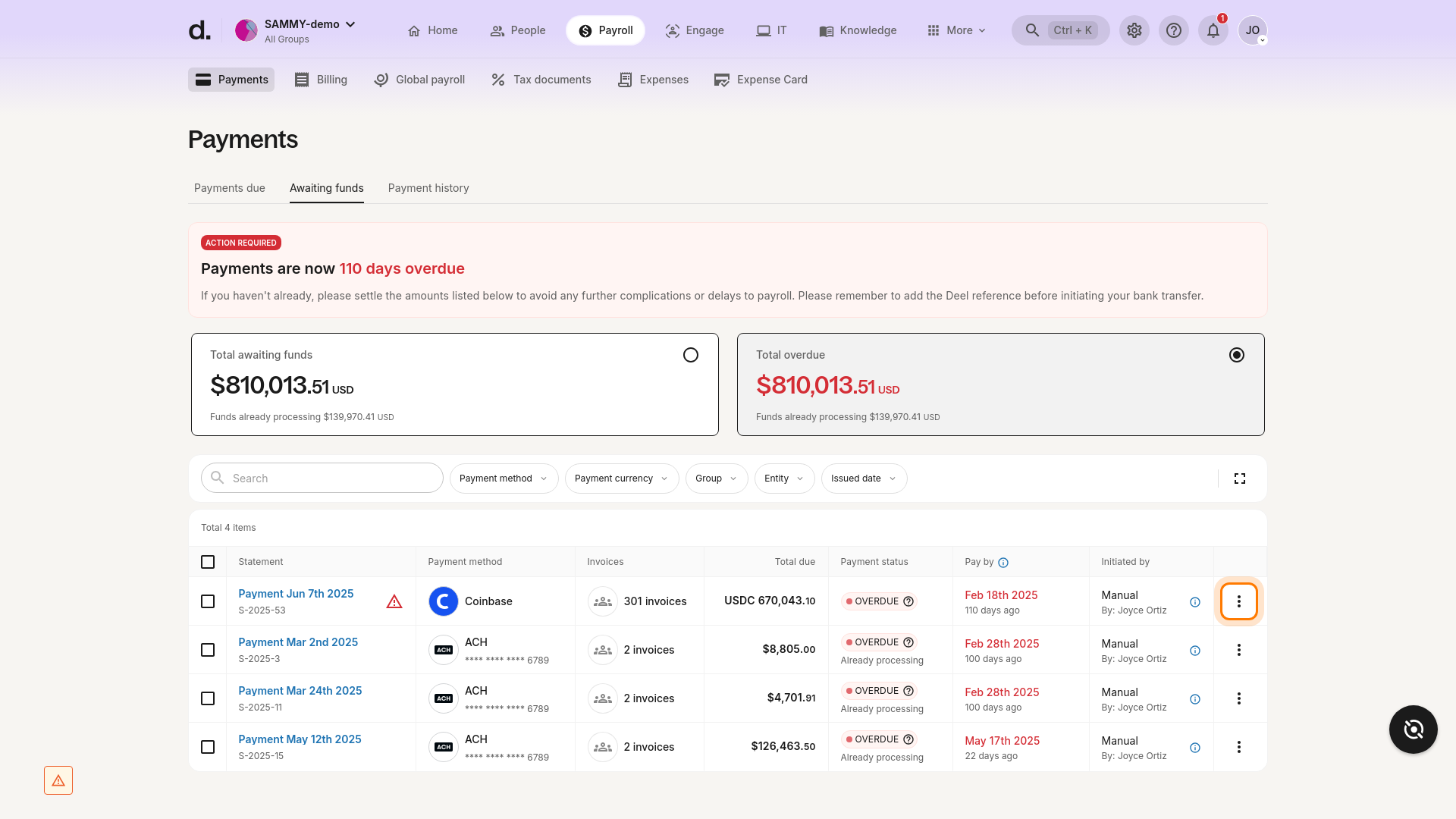Awaiting funds list with action menu open