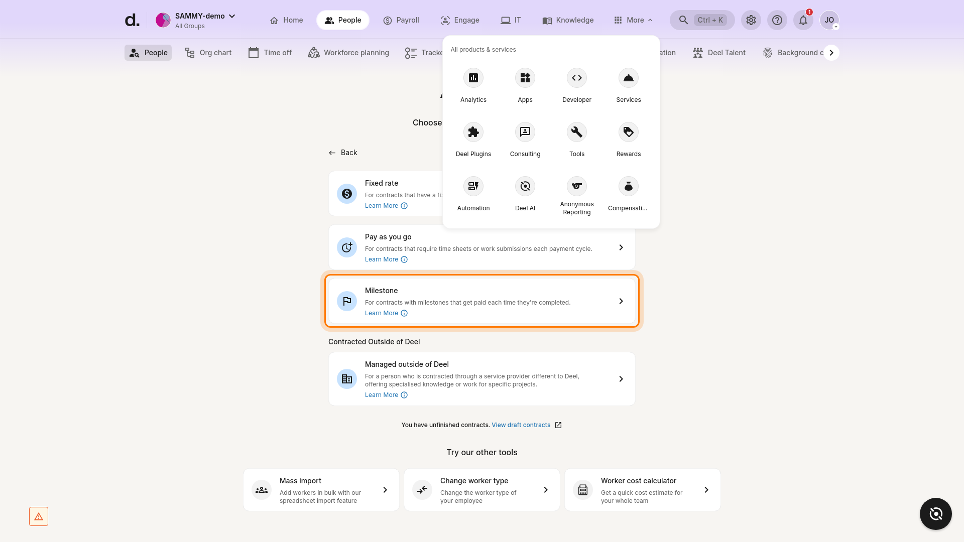 Milestone contract type highlighted