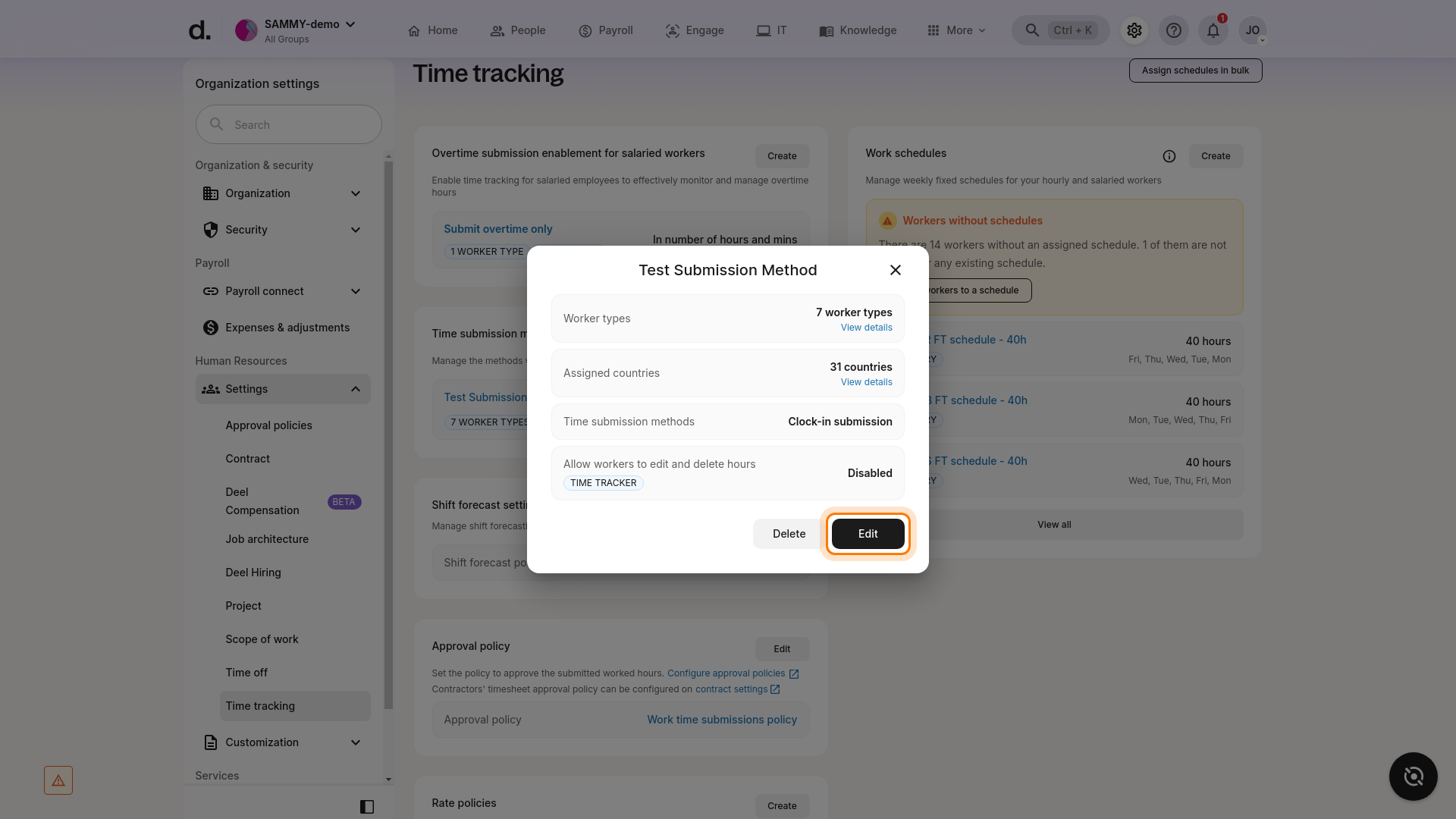 Time submission method modal with Edit button highlighted
