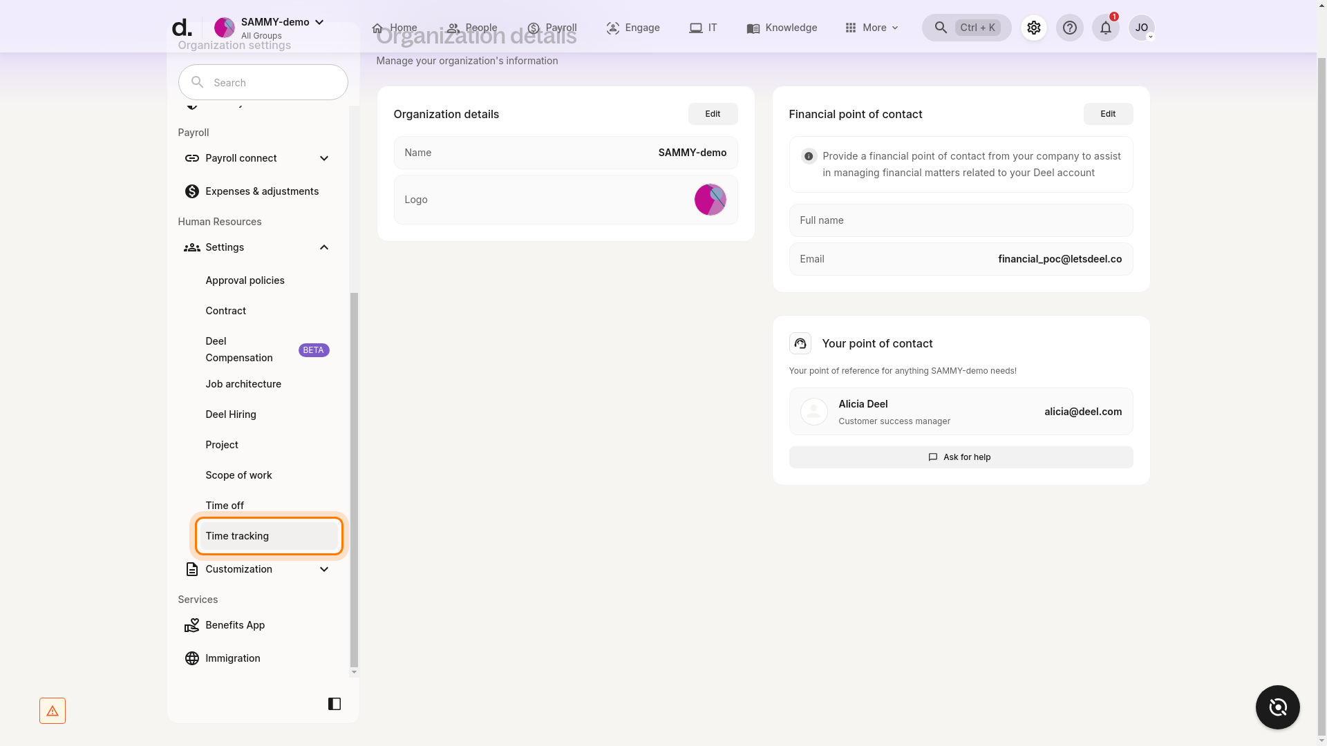 Organization settings sidebar with Time tracking highlighted