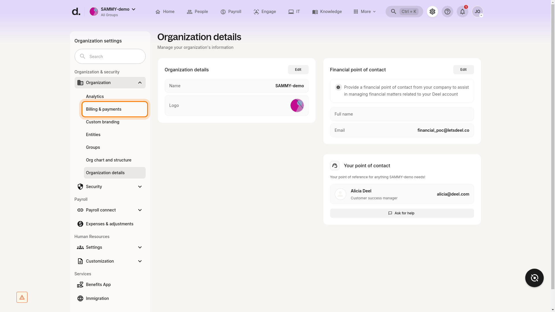 Step 2 – Billing & payments highlighted