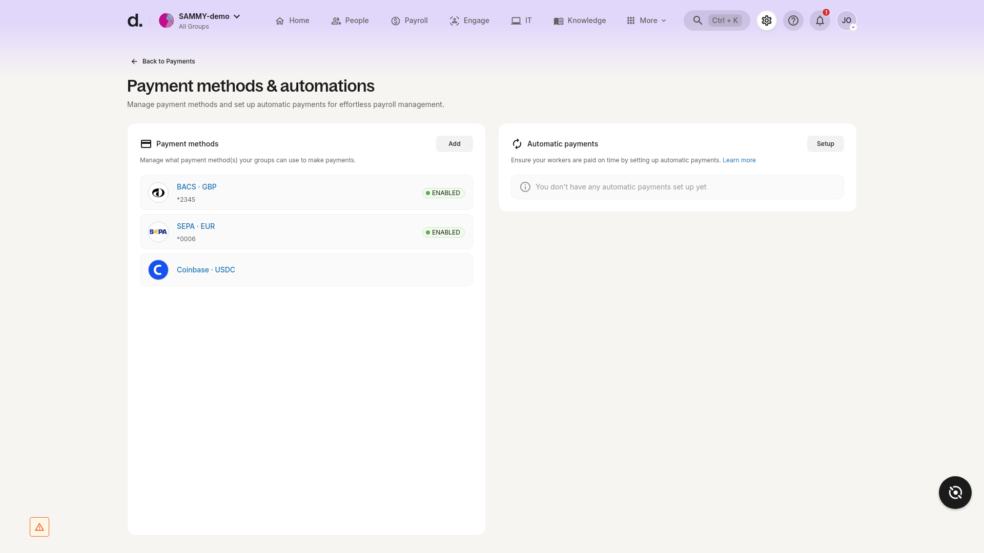 Step 4 – Current Payment Methods page (no “Enable All Payment Methods” button)